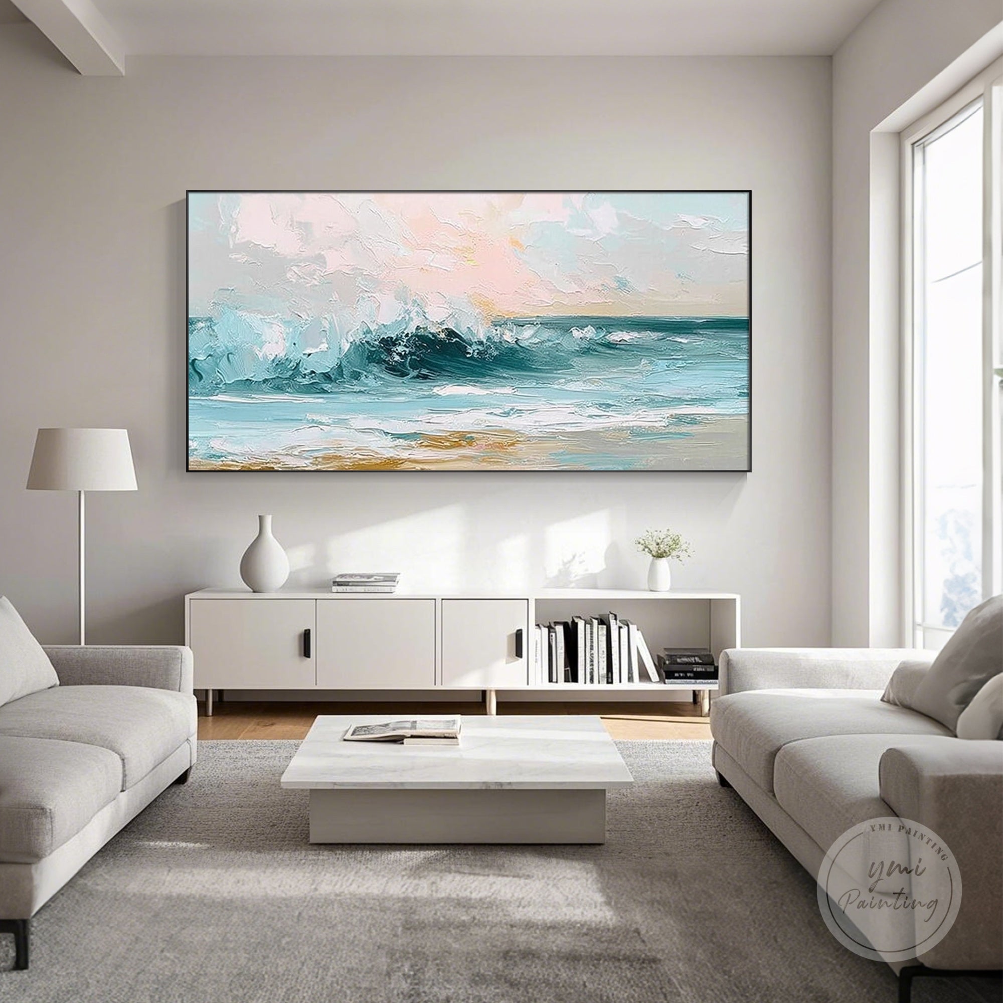Textured sea wall art with dynamic blue waves crashing against the shore.
