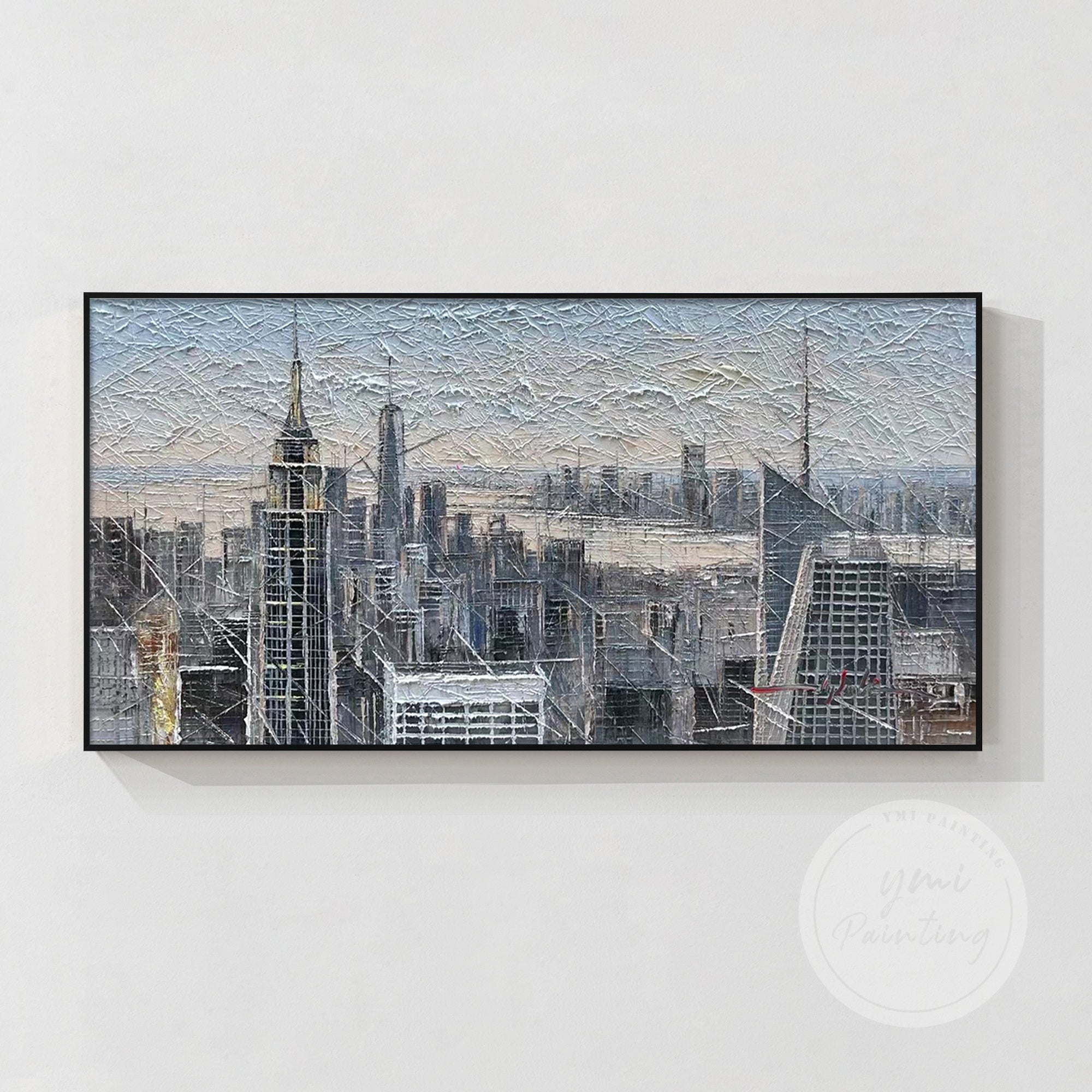 New York City skyline abstract painting in oil, framed with striking textures and dynamic design to create an eye-catching focal point in your space.