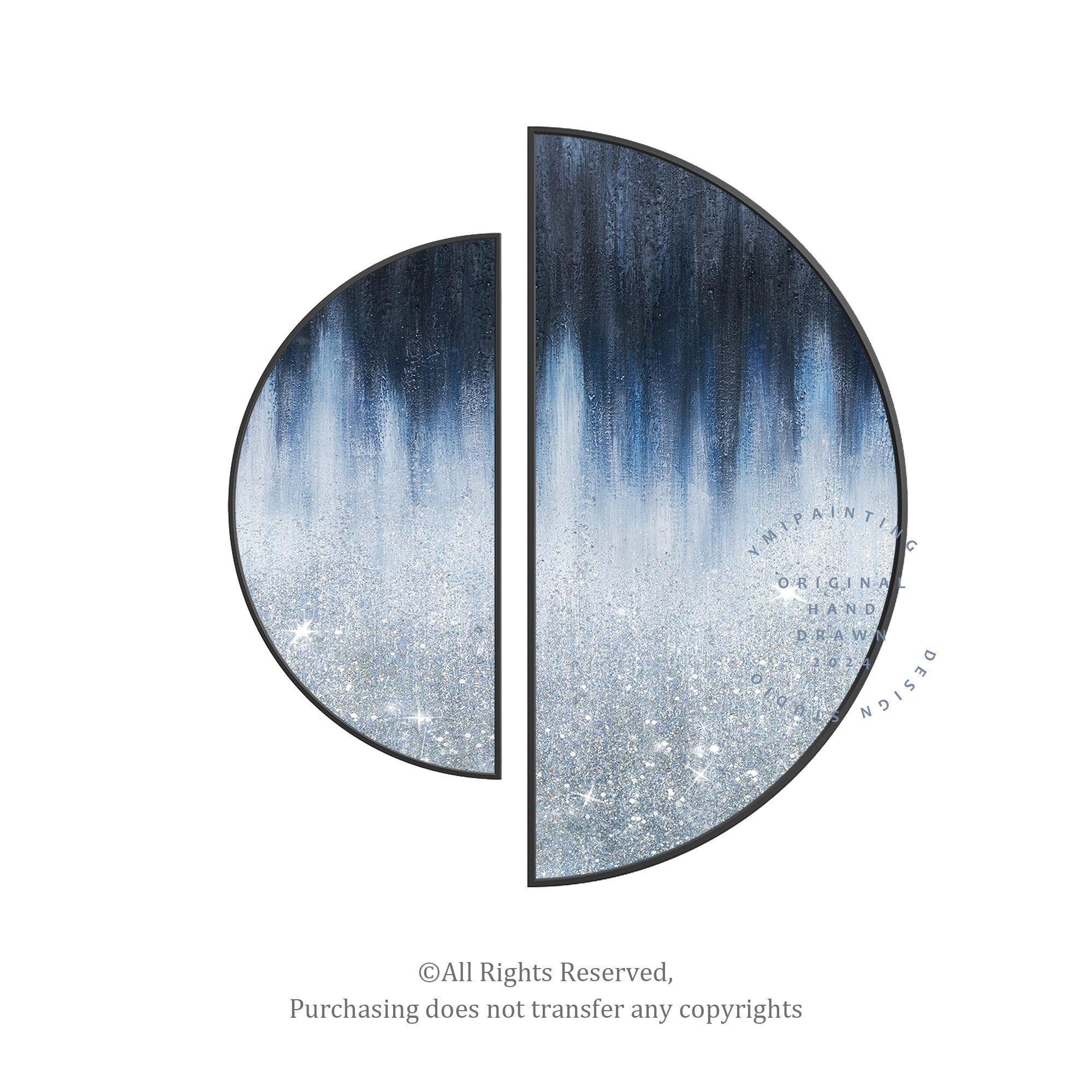 Framed bling art with crushed glass texture and abstract semicircle design.