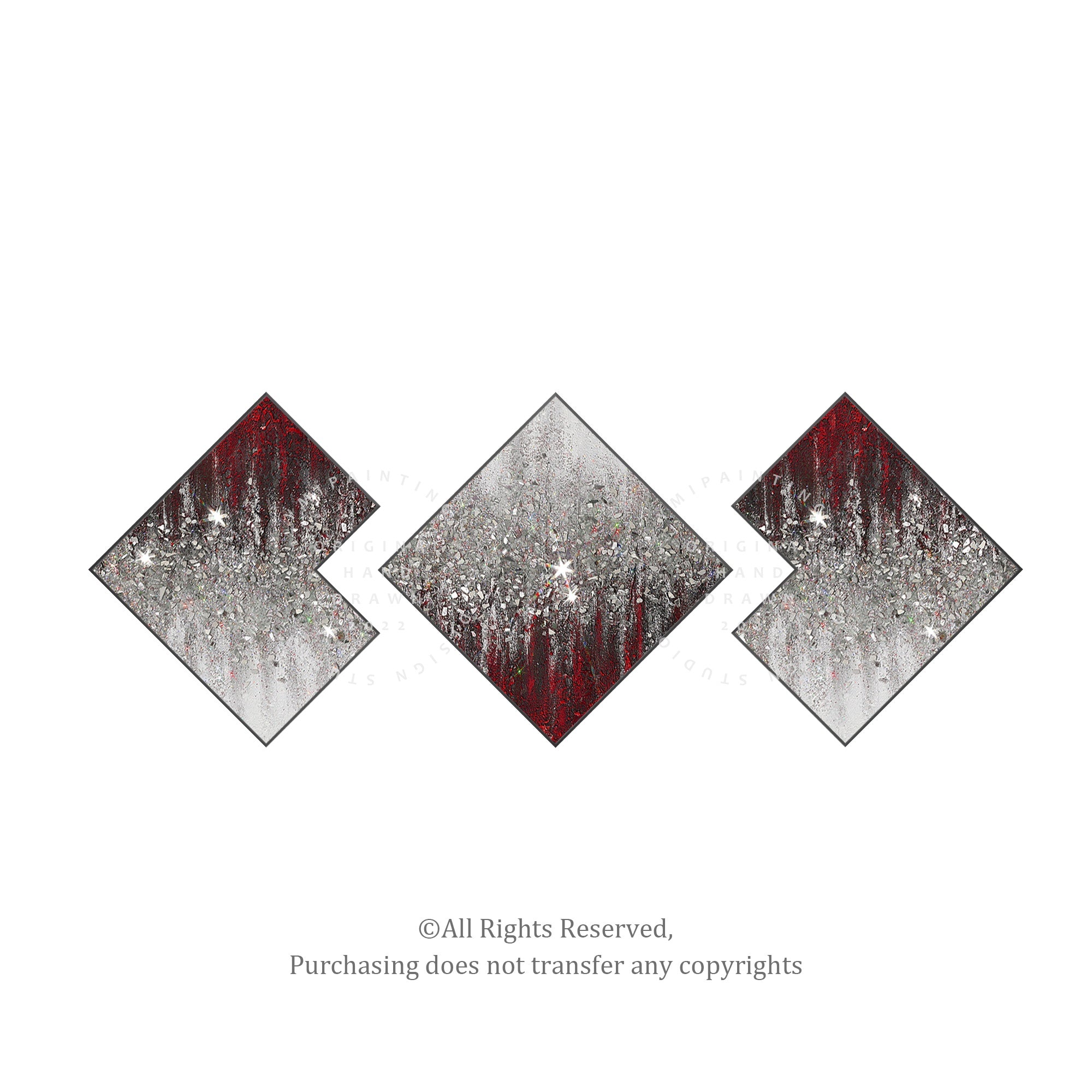 Original three-piece red glitter painting framed with crushed glass accents, perfect for contemporary home or office decoration.