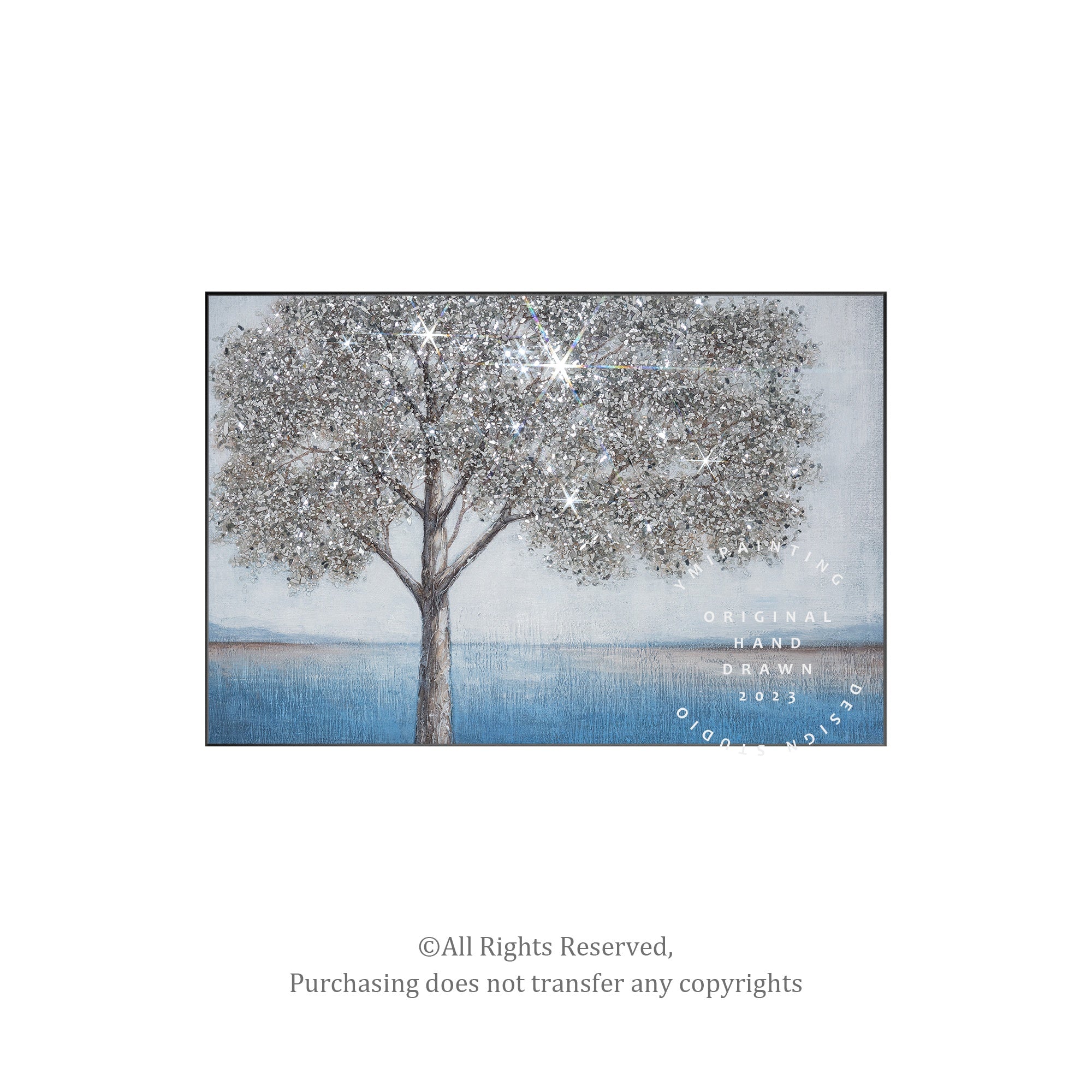 Contemporary silver glitter canvas wall art featuring abstract tree design