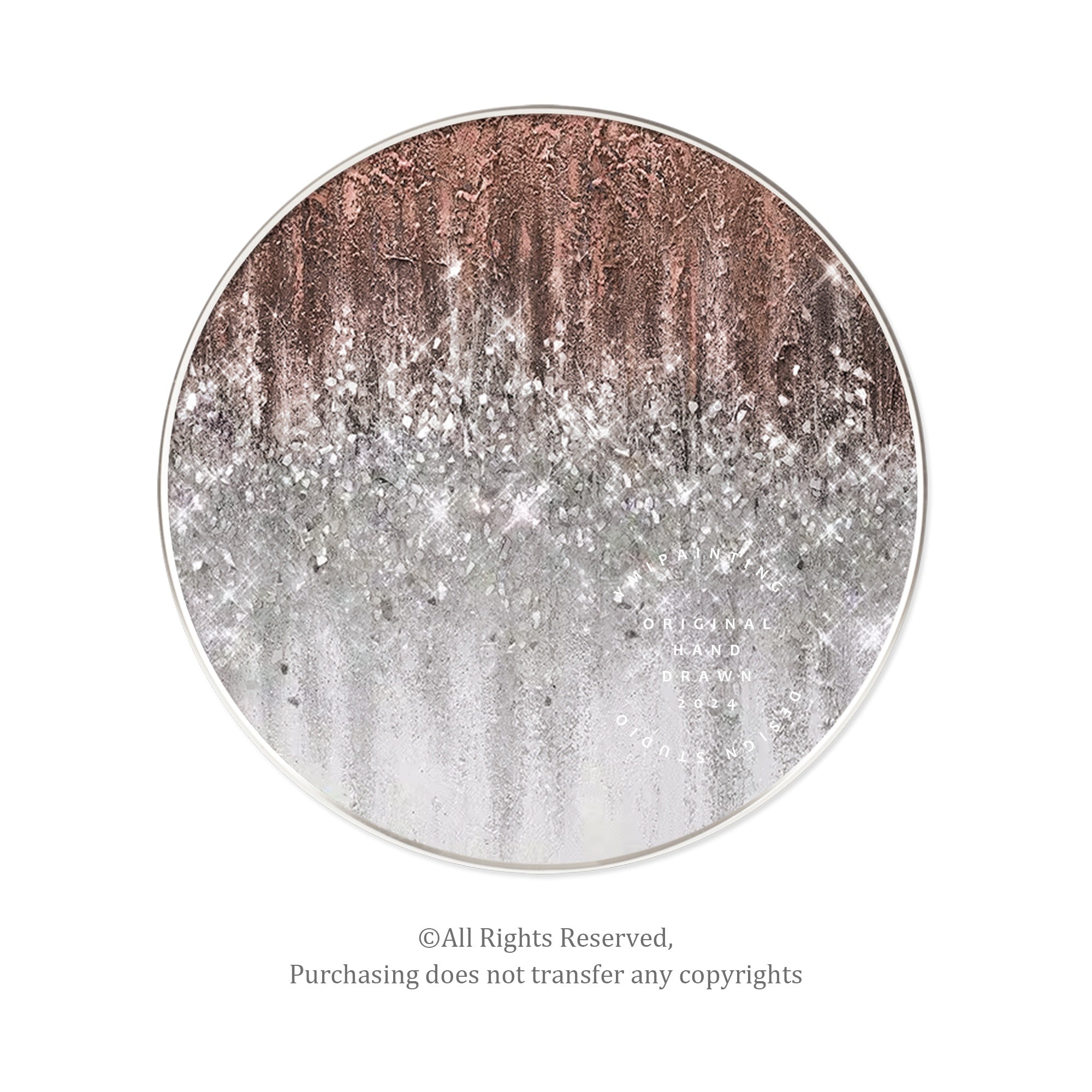 Handcrafted round glitter art mixing natural terracotta shades and silver shimmer for luxurious interiors.