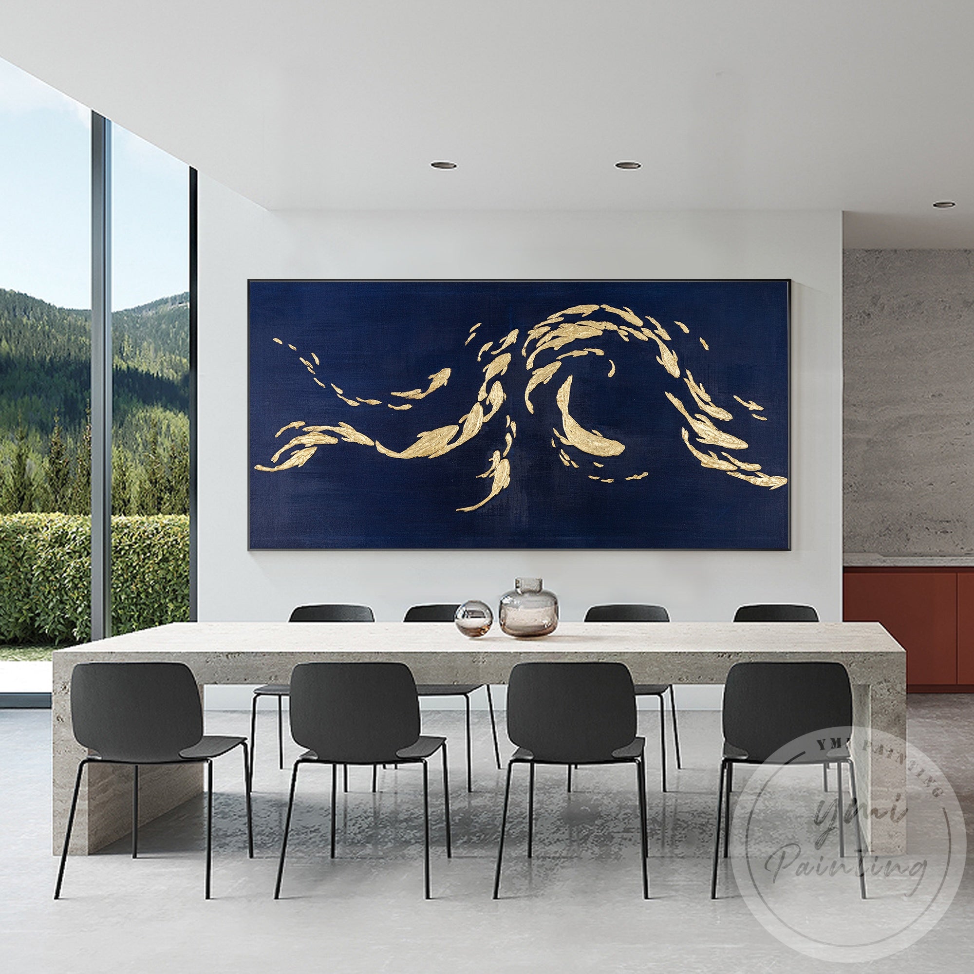 Abstract school of fish navy blue and gold canvas artwork