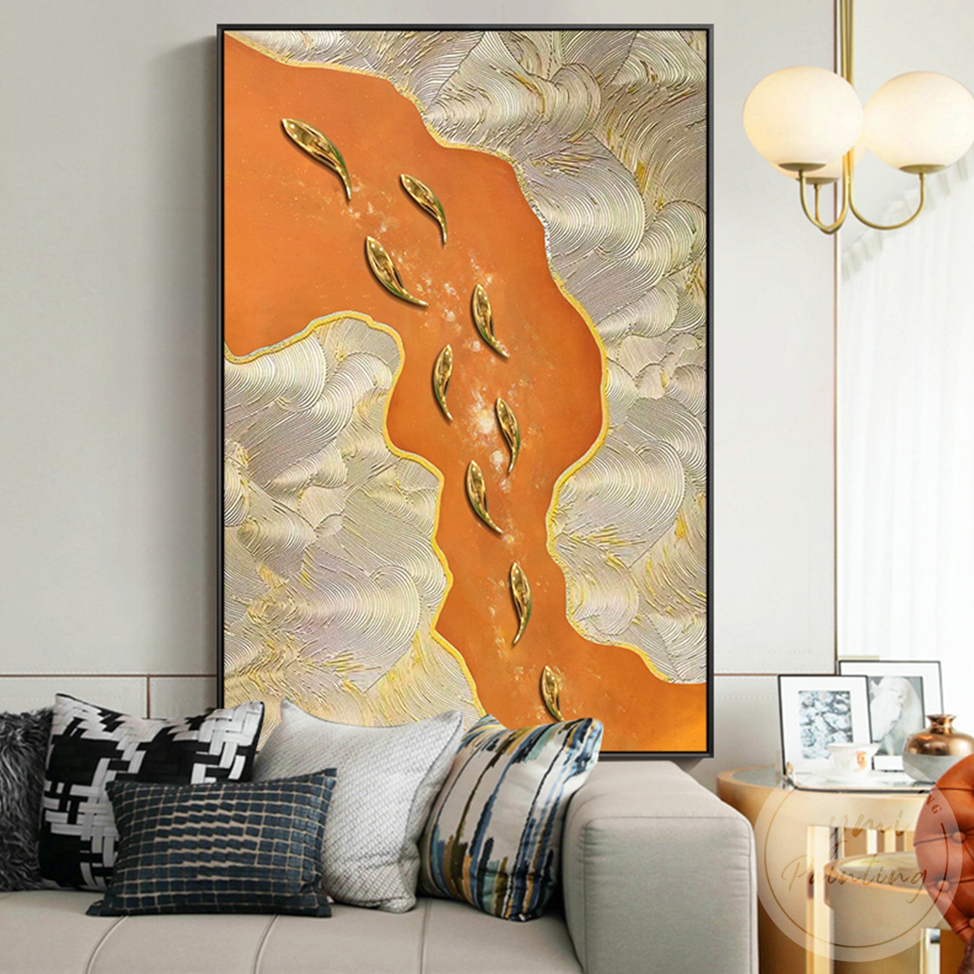 Large vertical abstract fish canvas with gold accents
