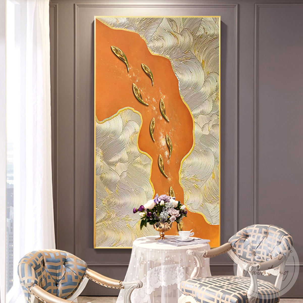 Oversized vertical gold fish sculptural wall decor