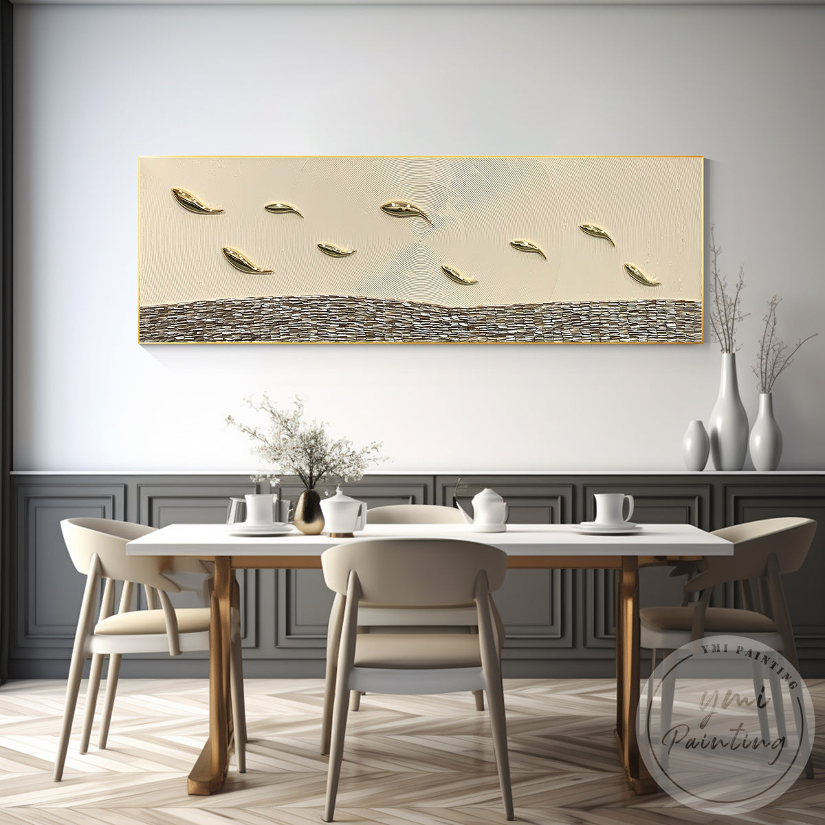Long narrow horizontal gold fish framed wall decor