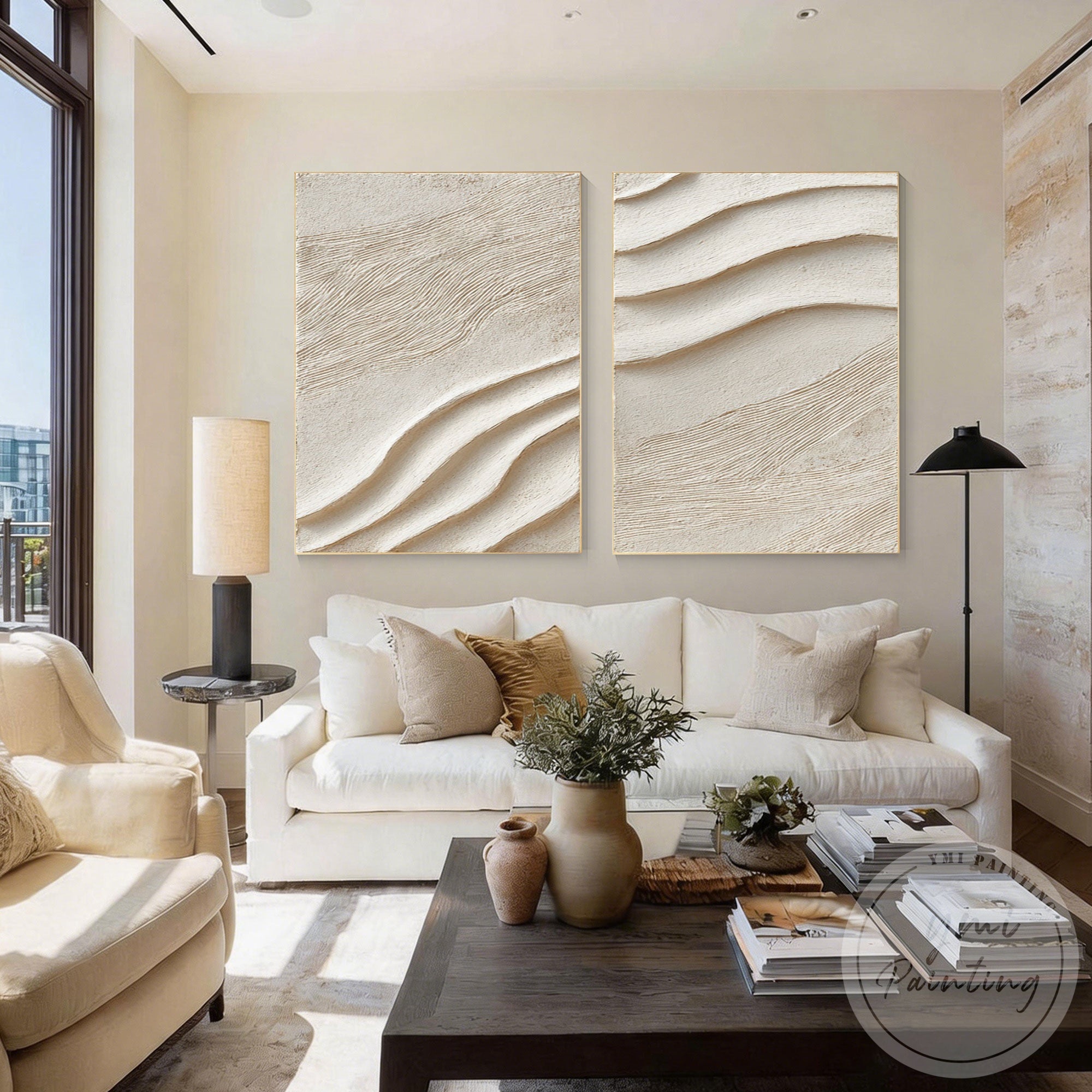 Japandi minimalist beige wall panels for living room decor