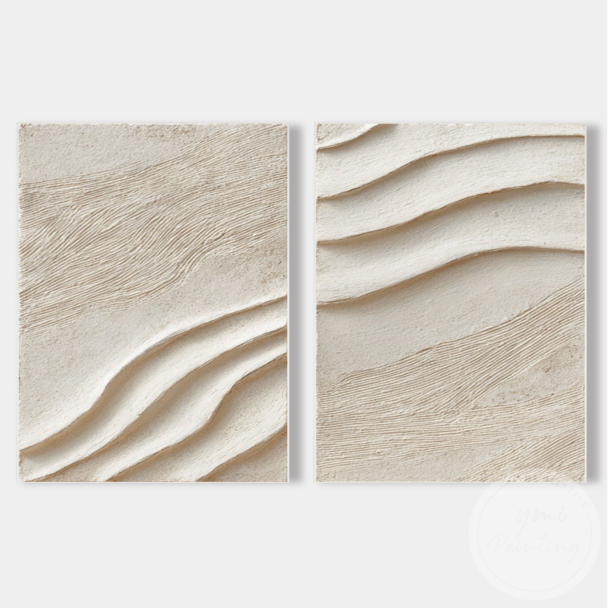 Sculptural sand wave canvas art with organic plaster texture