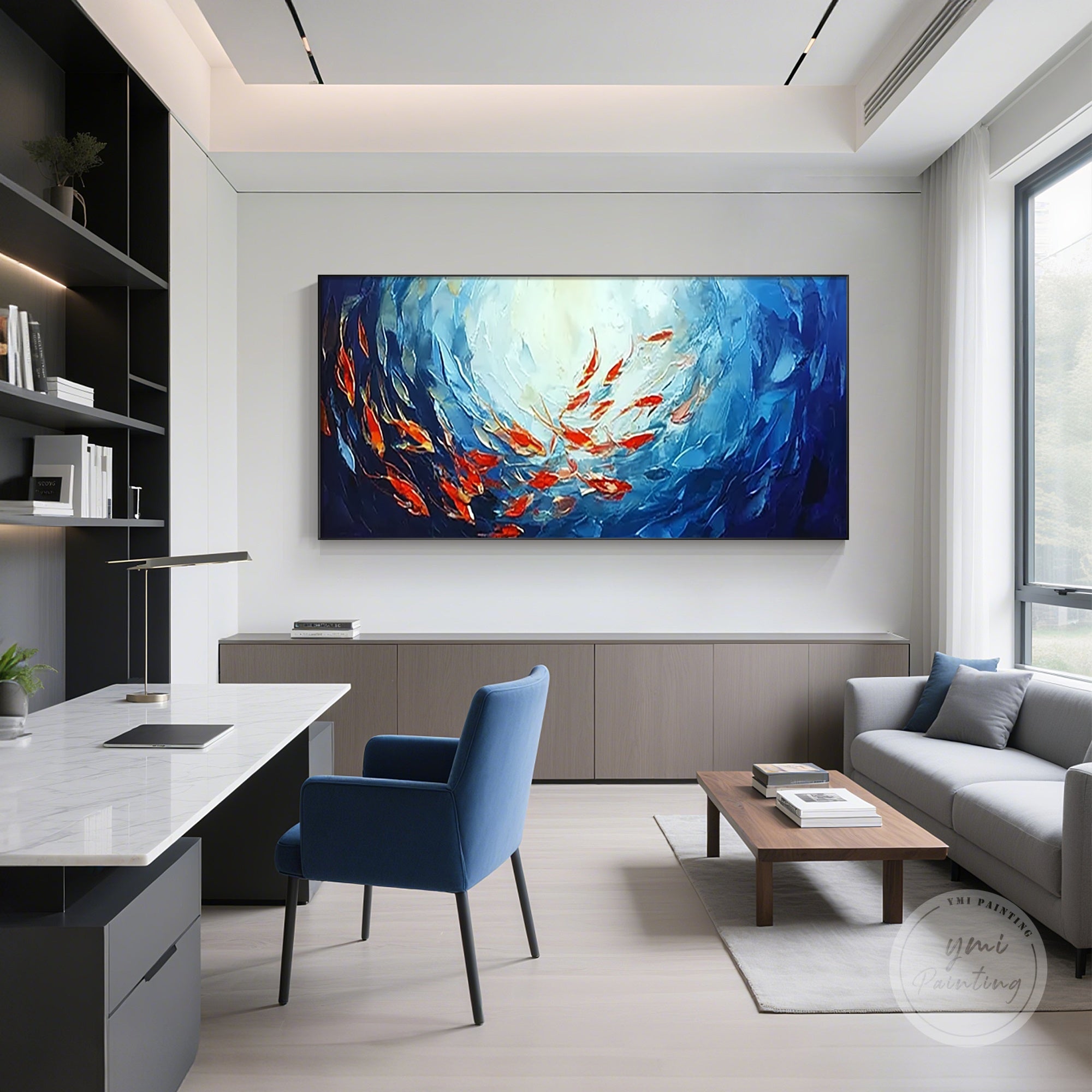 Large ocean painting with a dynamic red school of fish in deep navy waters.