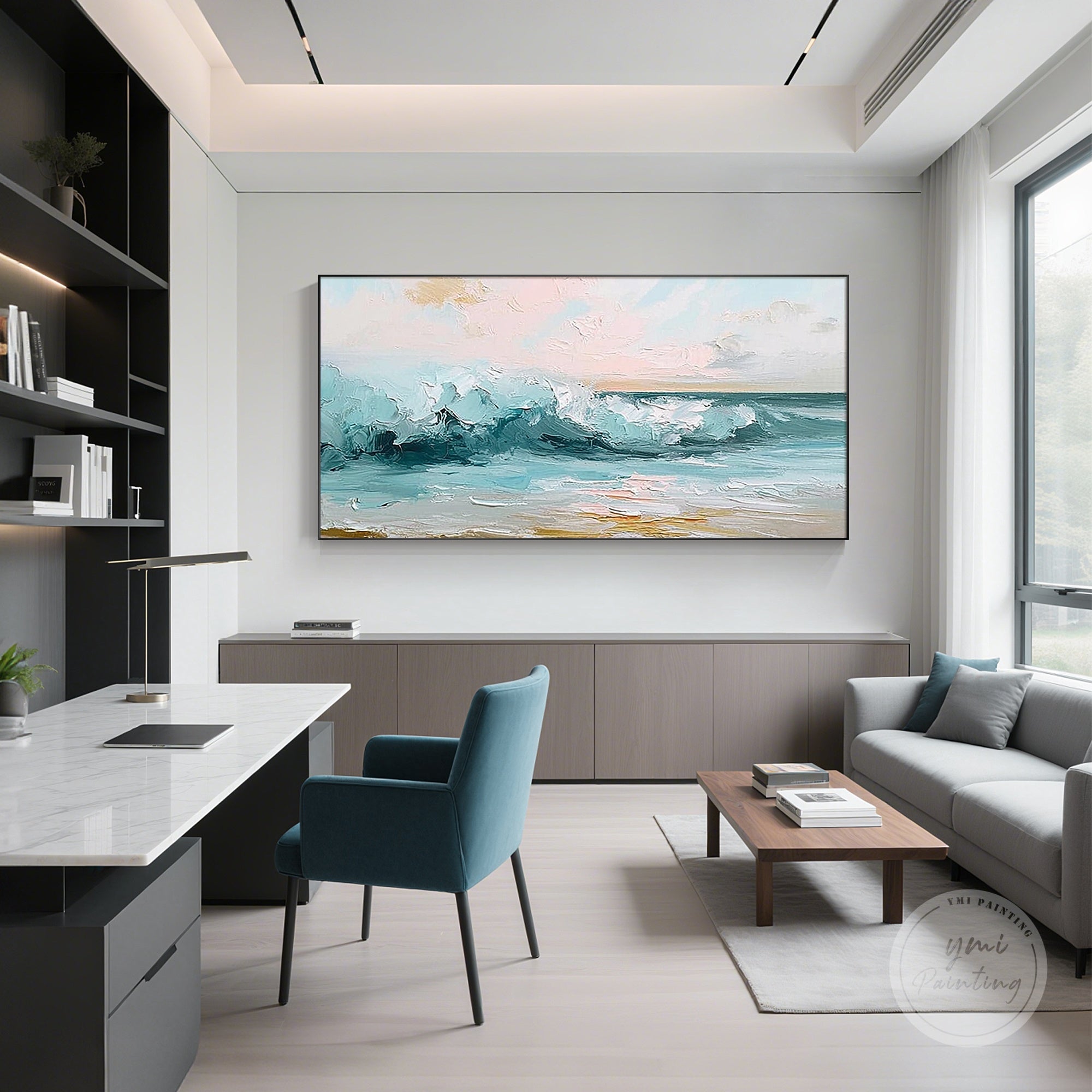 Large blue wave wall art with intricate textures and oceanic details.