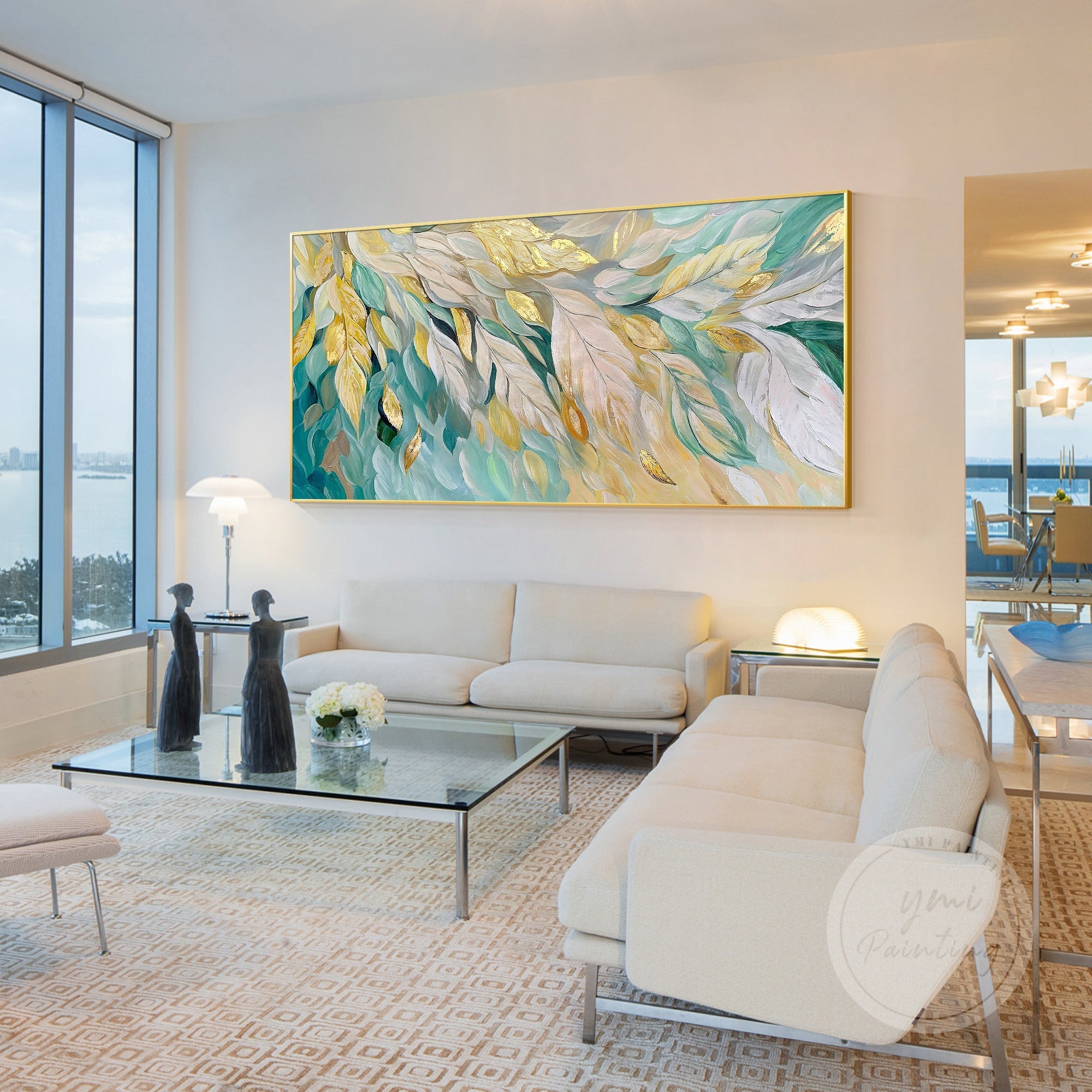 Arte de pared abstracto en azul y dorado con árbol floreciente