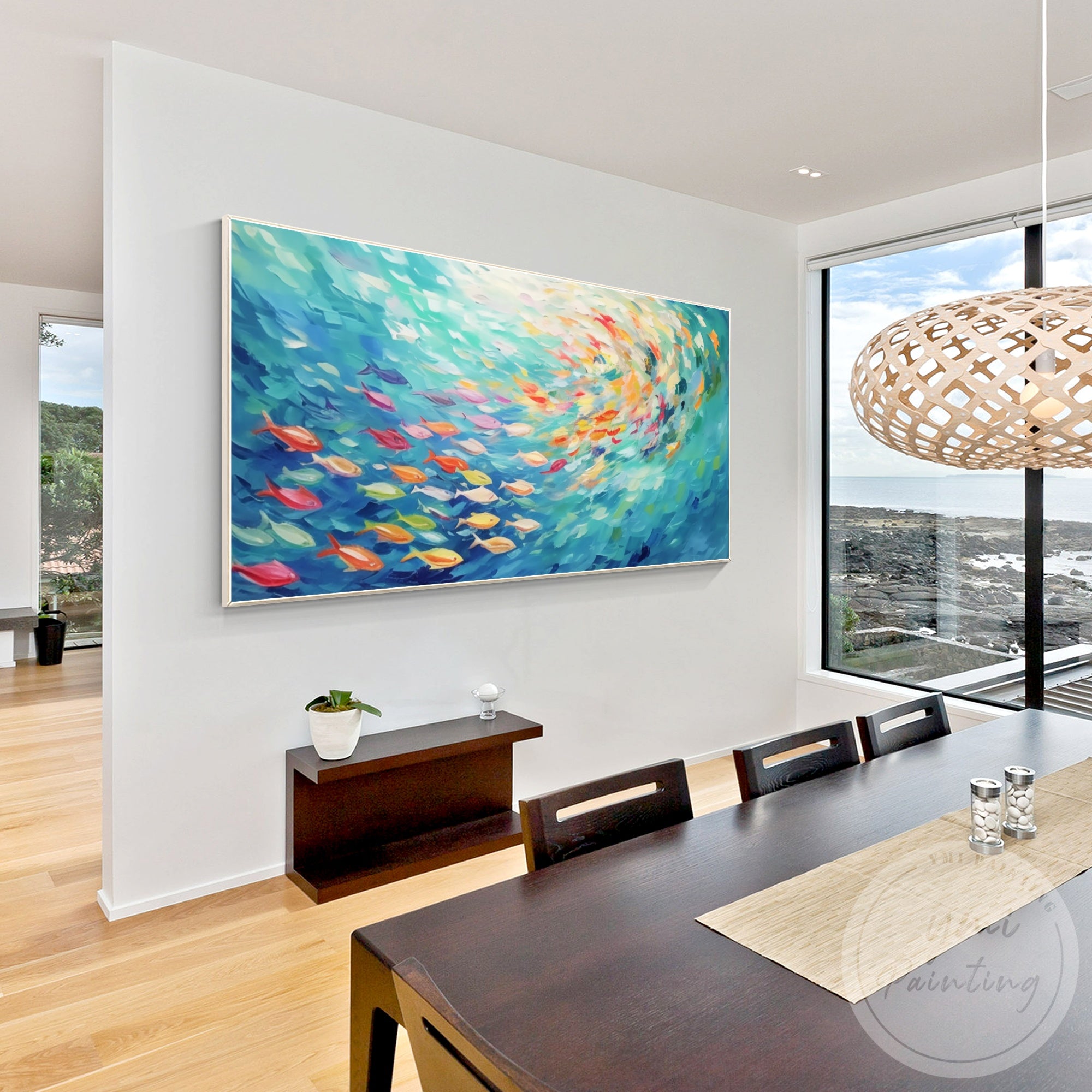 Large blue ocean fish artwork with textured brushwork