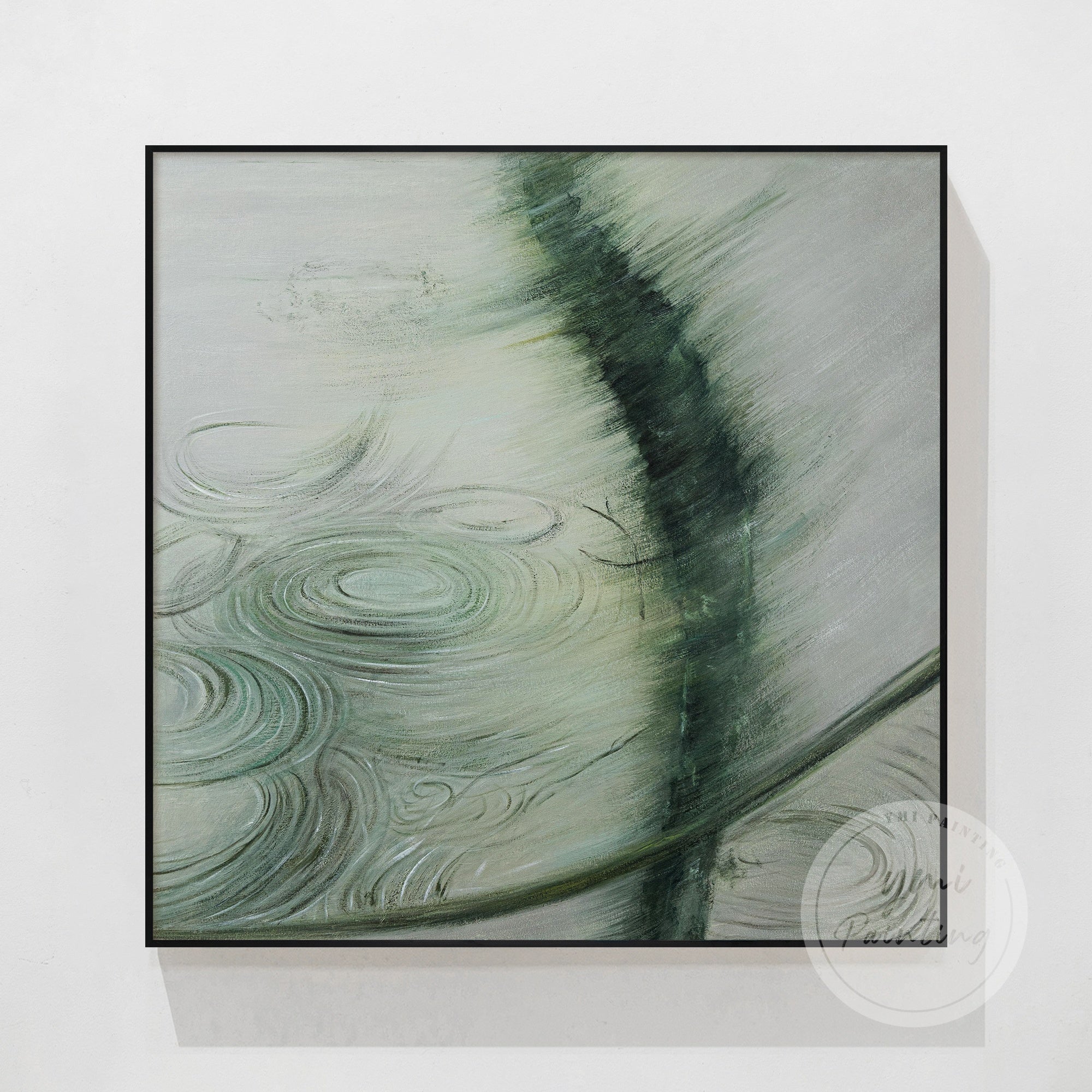 Light and airy abstract art representing water reflections, creating a tranquil, minimalist atmosphere in black frame