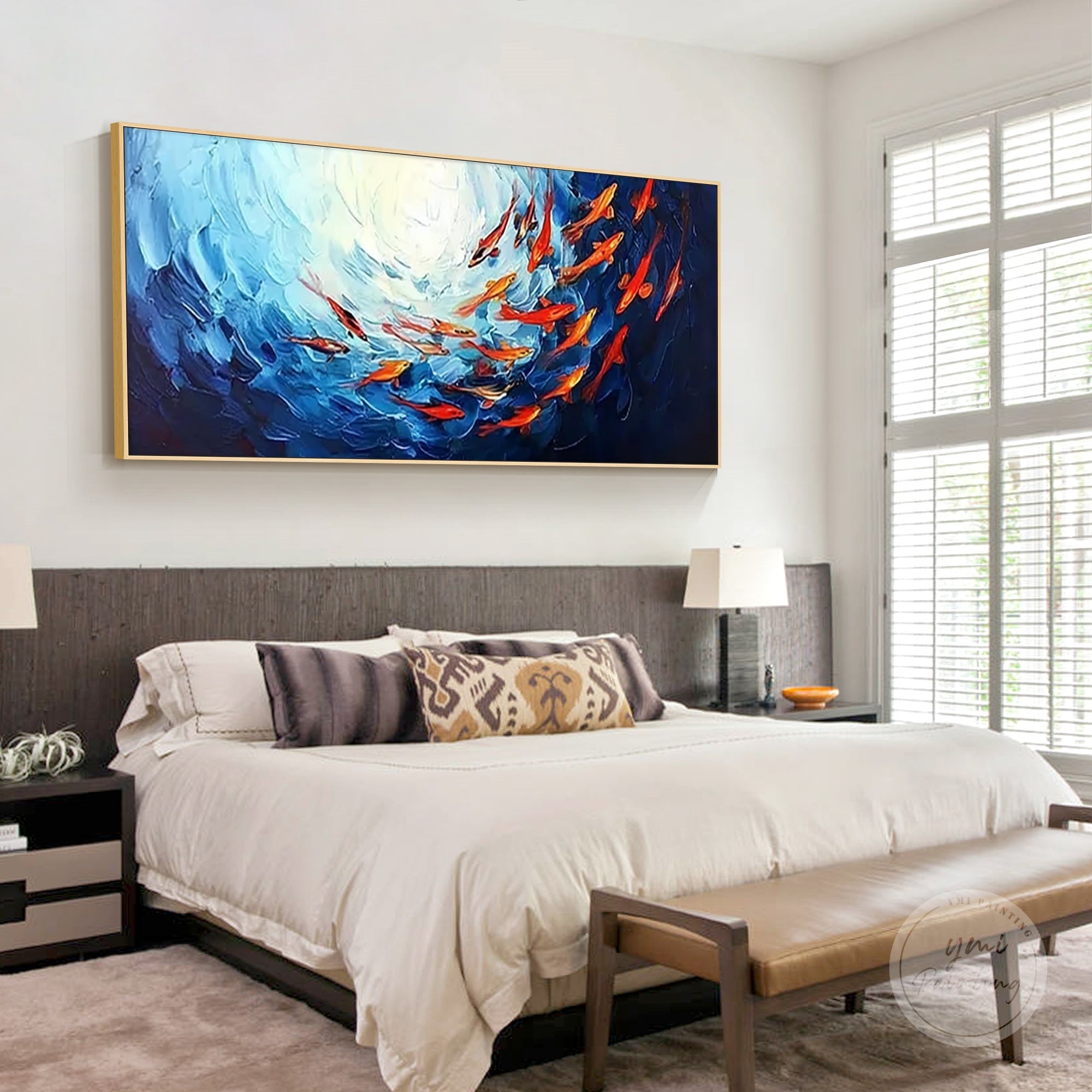 Vibrant red school of fish painting in a navy blue ocean, perfect for nautical interiors.