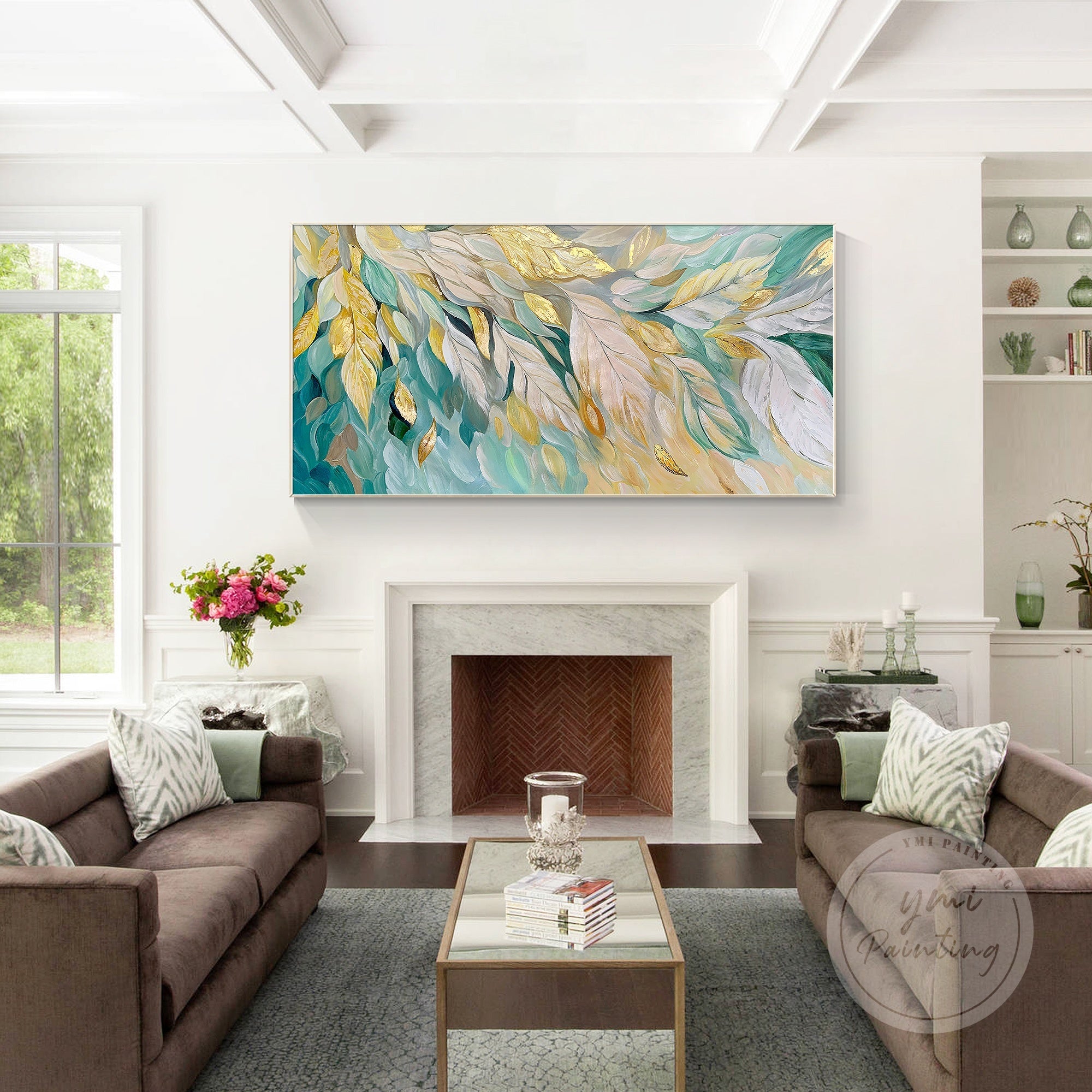 Arte de parede em tons de verde-azulado com folha de ouro #CA0663