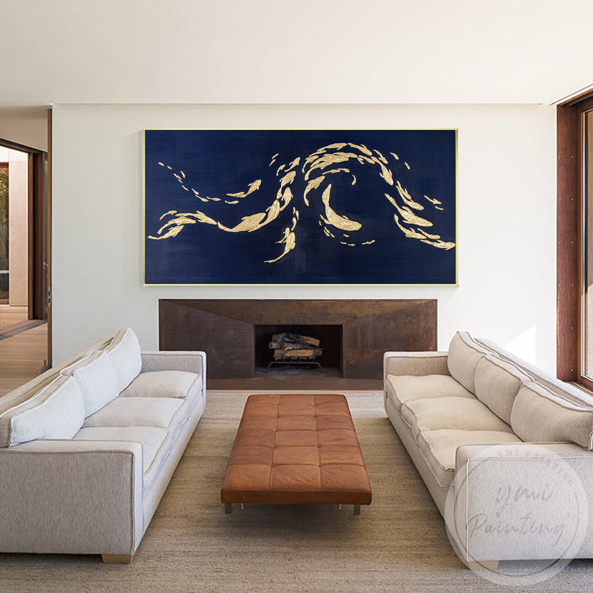 Horizontal navy blue ocean wall art with gold fish design