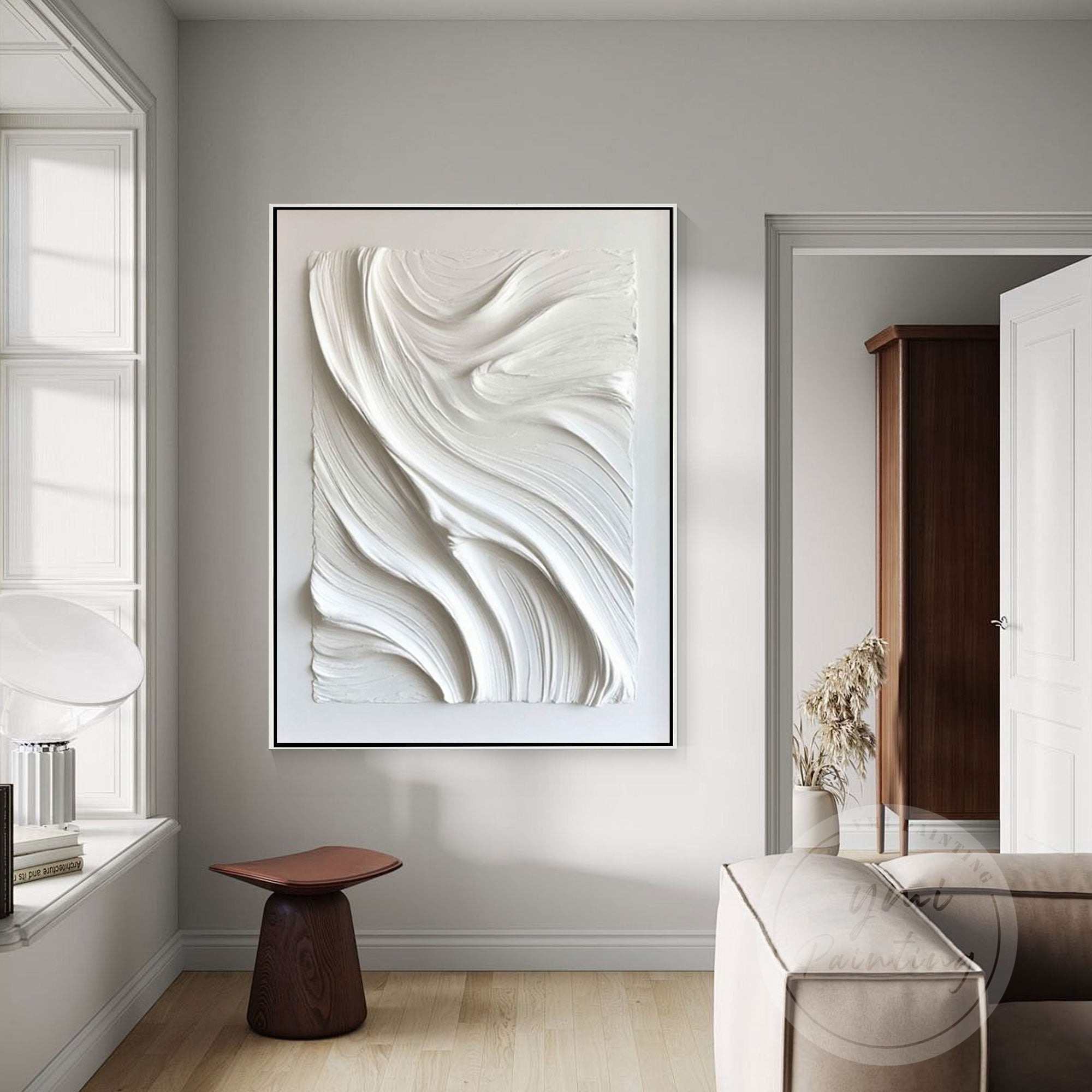 Large plaster texture canvas painting in neutral white tones
