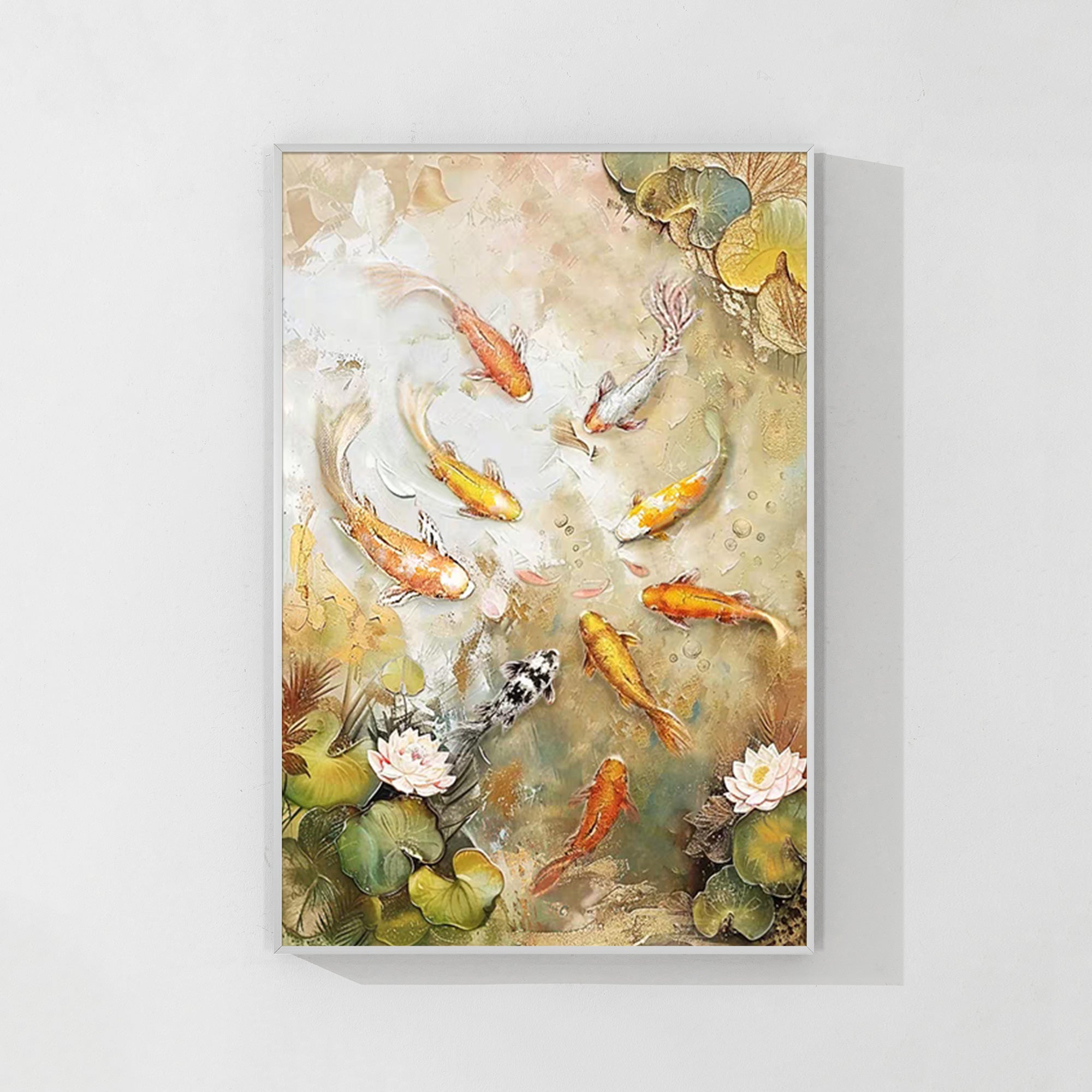 Handmade Wabi-Sabi 9 Koi Fish and Lotus Painting with organic beauty and natural imperfections, perfect for adding tranquility and harmony to any space, symbolizing prosperity and the balance of life.