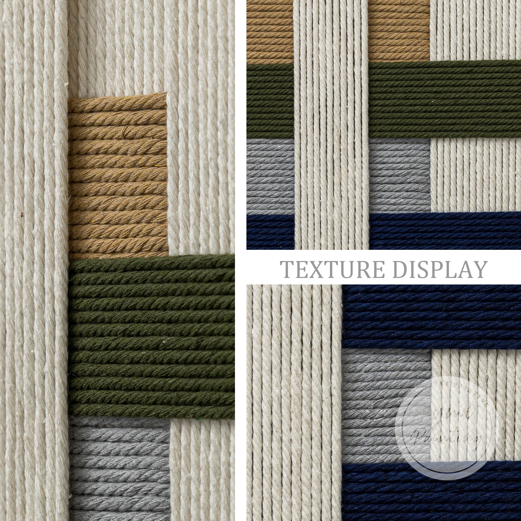 Handwoven yarn wall decor with soft ivory and beige layers.