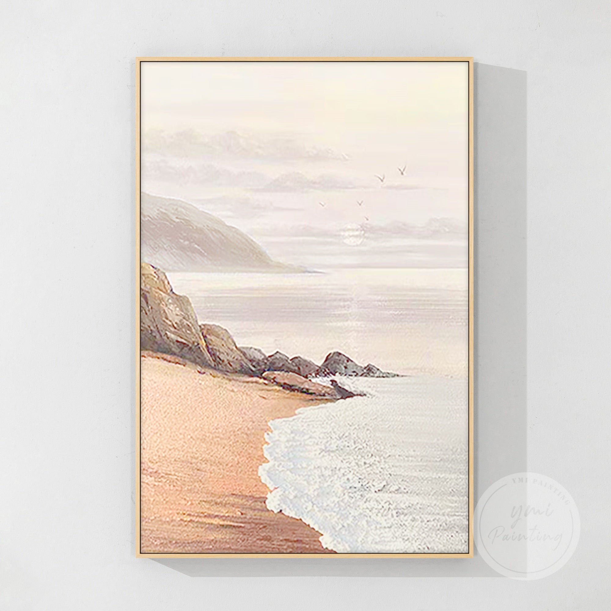Peaceful beach scene with textured waves and sunrise seagulls, rendered in soft coral, peach, and beige tones.
