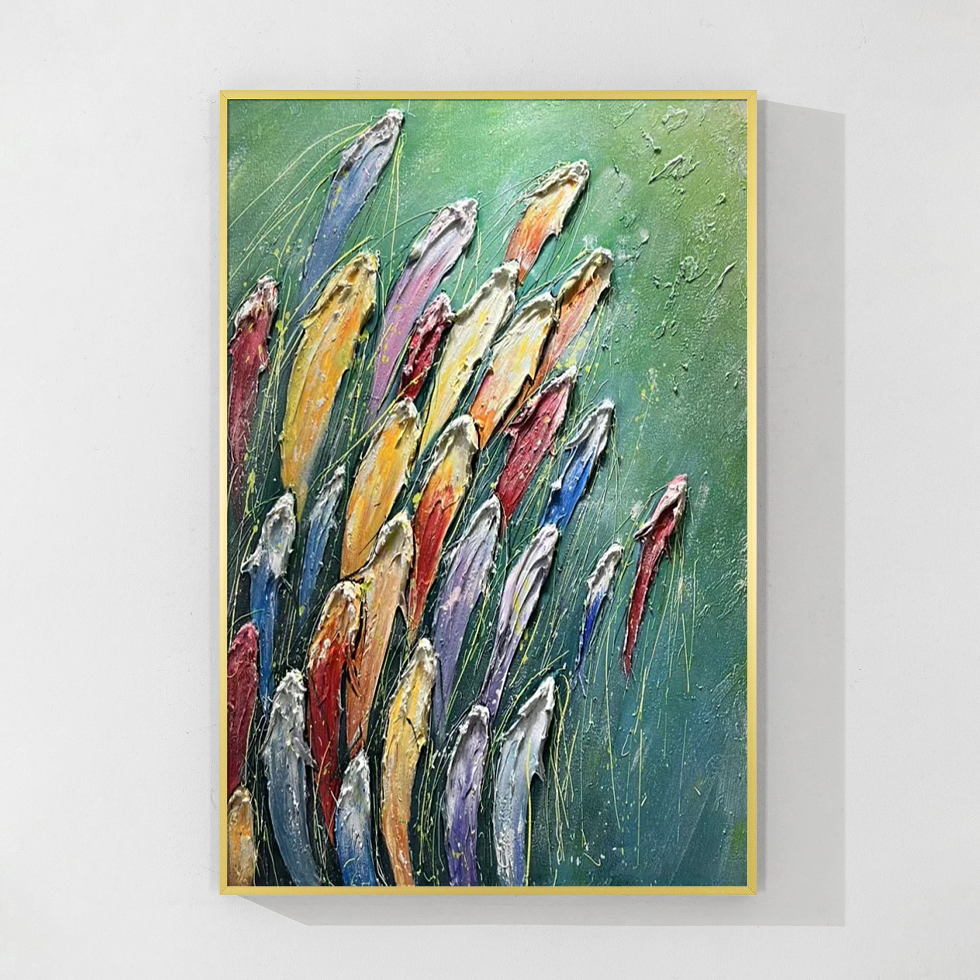 Upward motion of fish in abstract oil painting with vibrant colors in gold frame