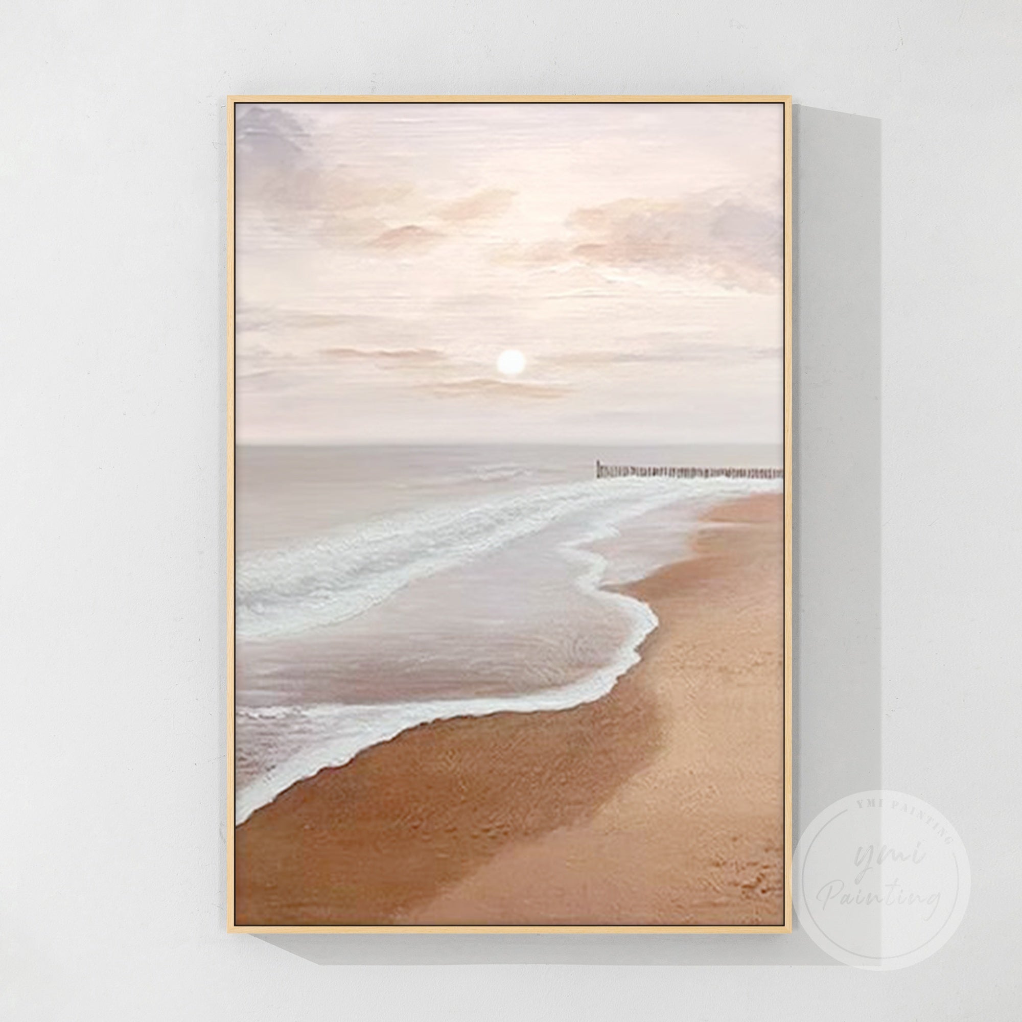 64x96 inch coastal landscape painting showcasing gentle waves and a soft sunrise, ideal for office decor or home relaxation spaces.
