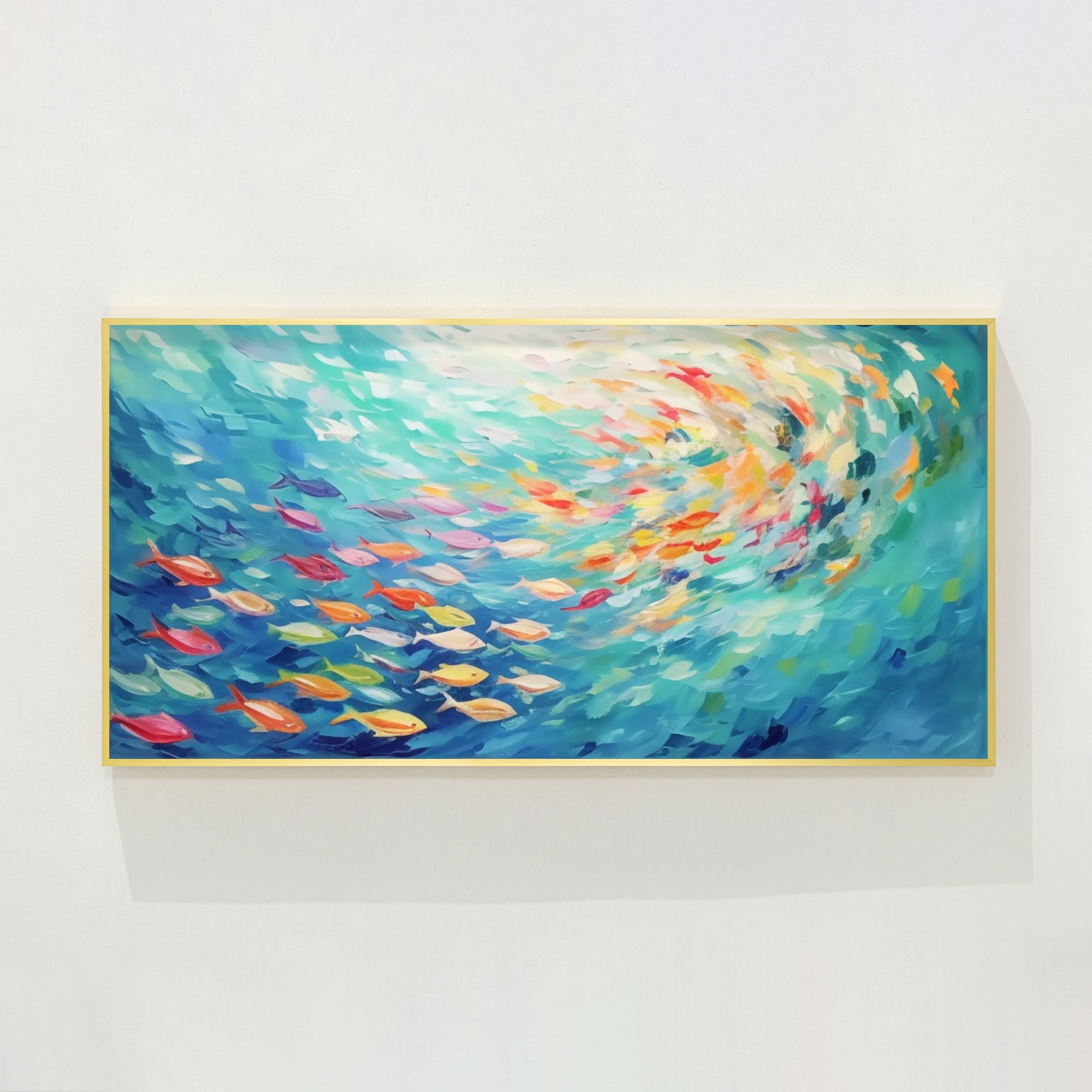Colorful school of fish ocean abstract painting blue canvas