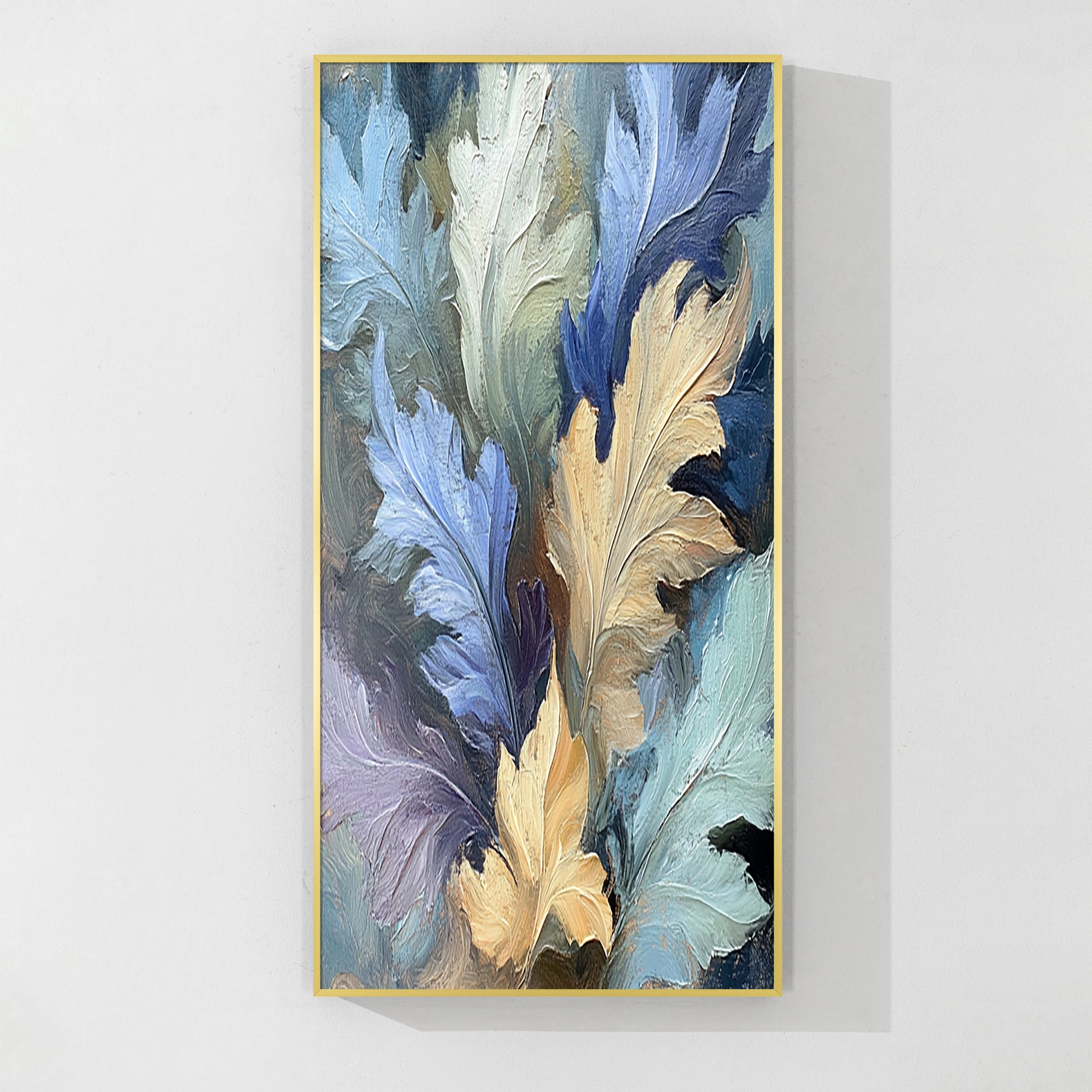 Hand-painted autumn leaves artwork showcasing the delicate beauty of fall in muted hues in a golden color frame