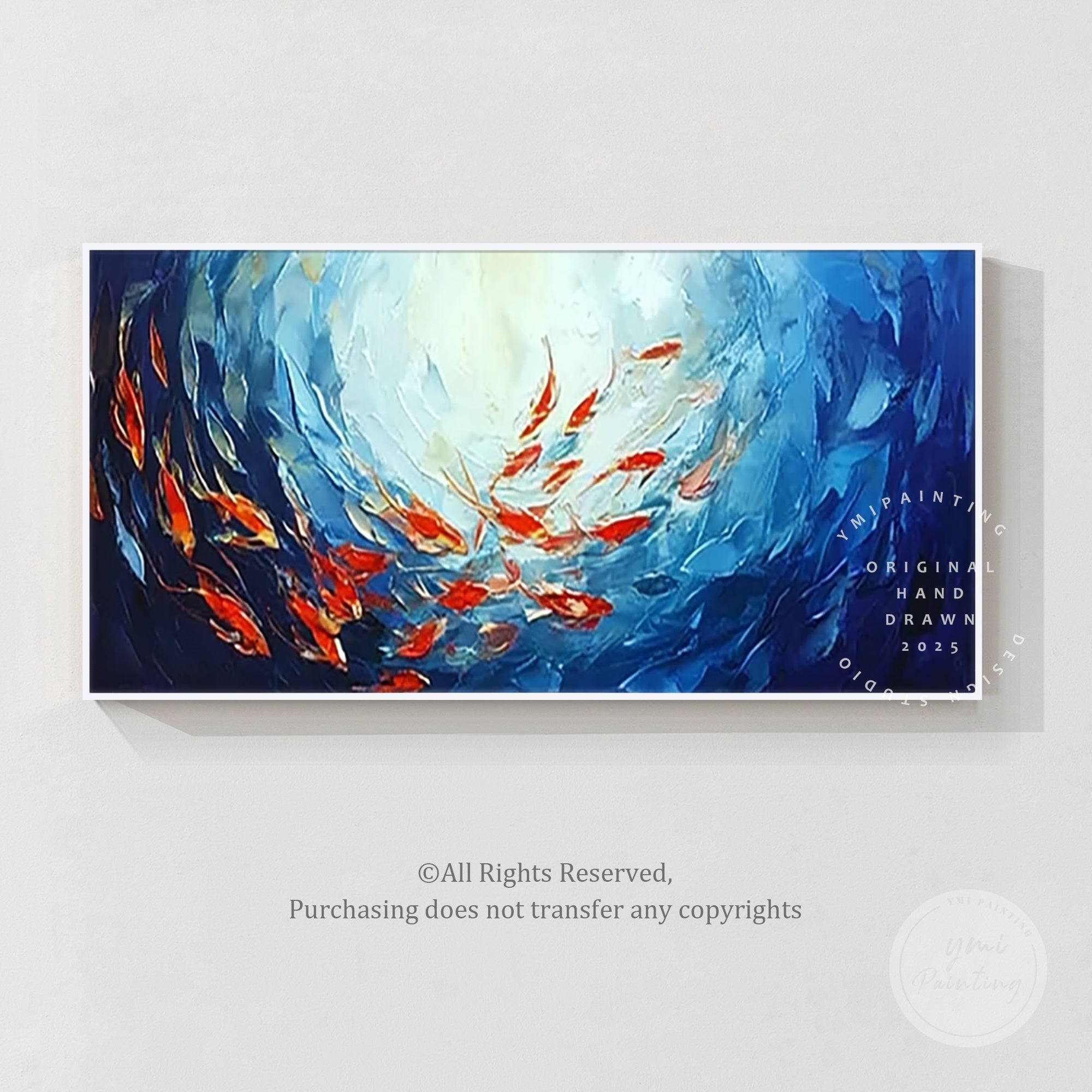 Dramatic red school of fish wall art, bringing energy and color to your ocean-themed decor.
