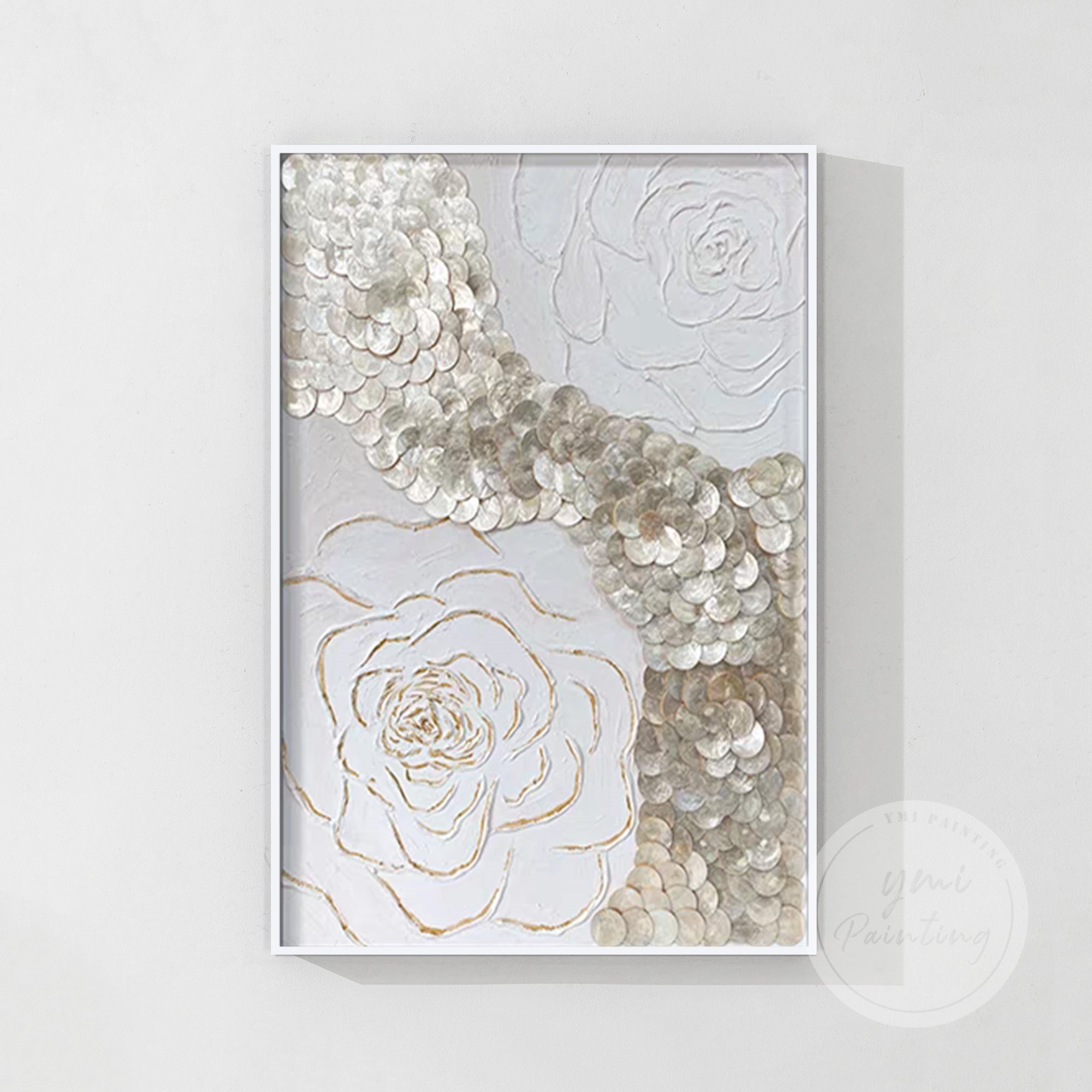 Elegant shell wall art with floral design, enhancing any living or working space