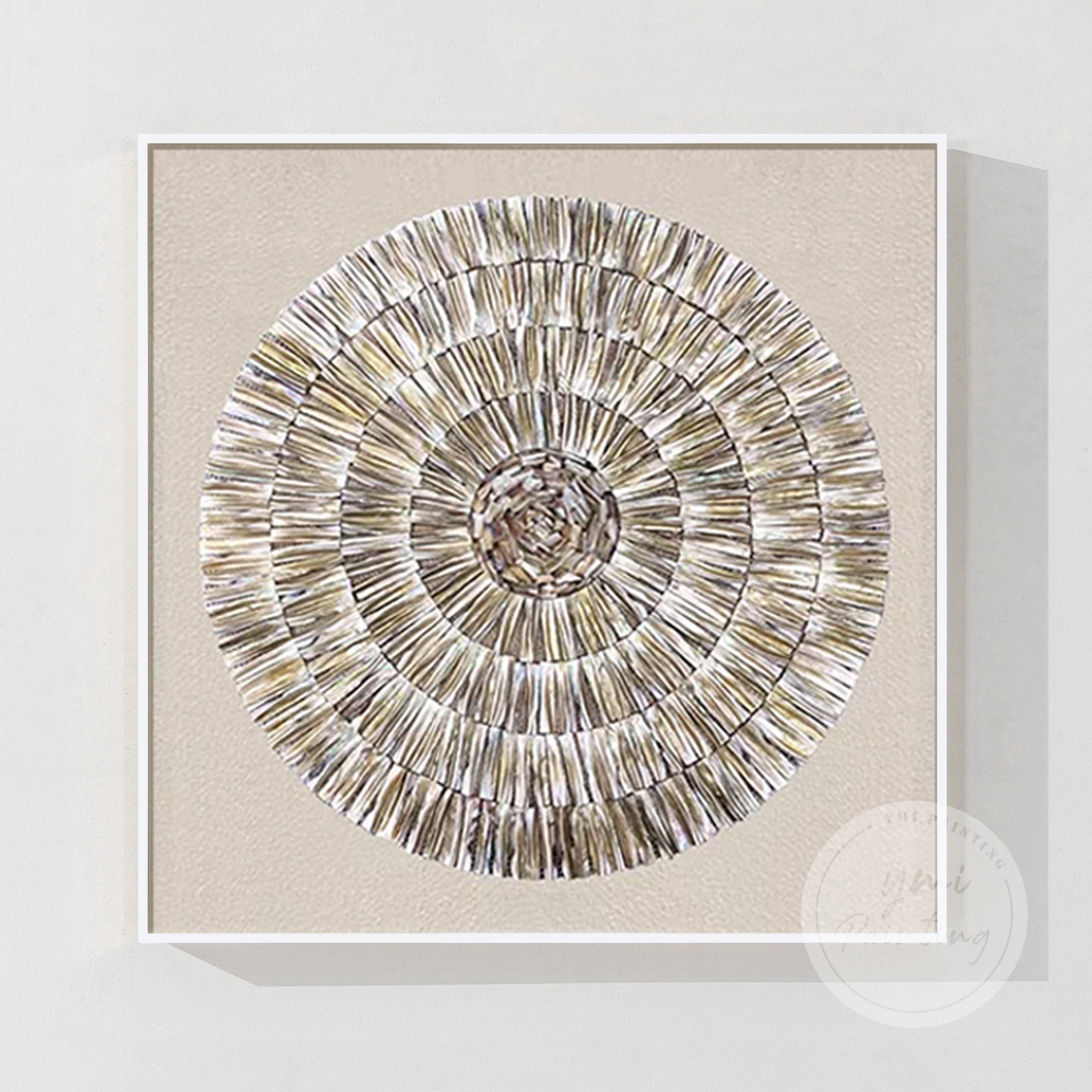Elegant Sea Shell Wall Decor in gray and gold, featuring hand-placed oyster shells on canvas.