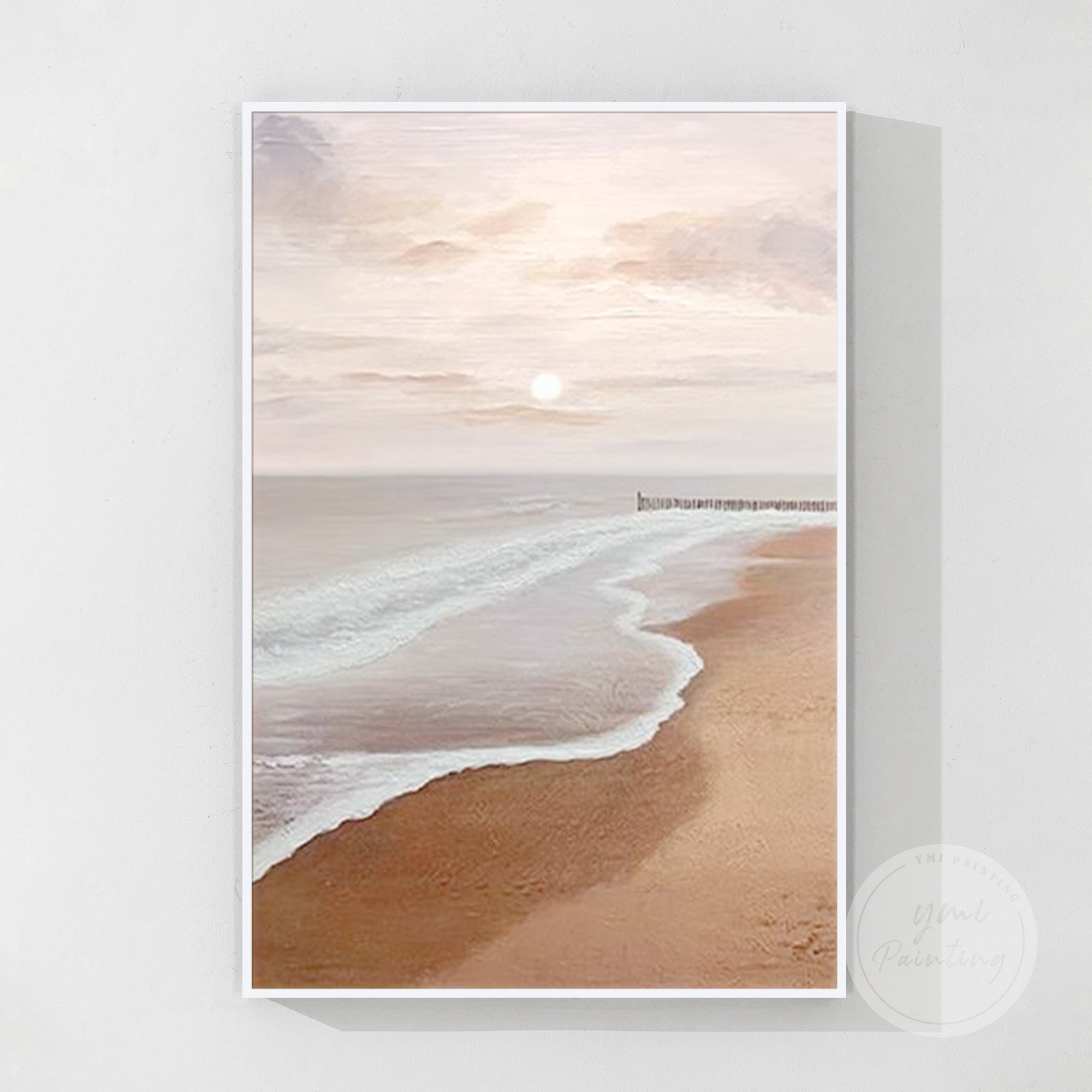 Sunrise beach oil painting with calm ocean waves and a muted pastel palette, designed to inspire peace and rejuvenation.