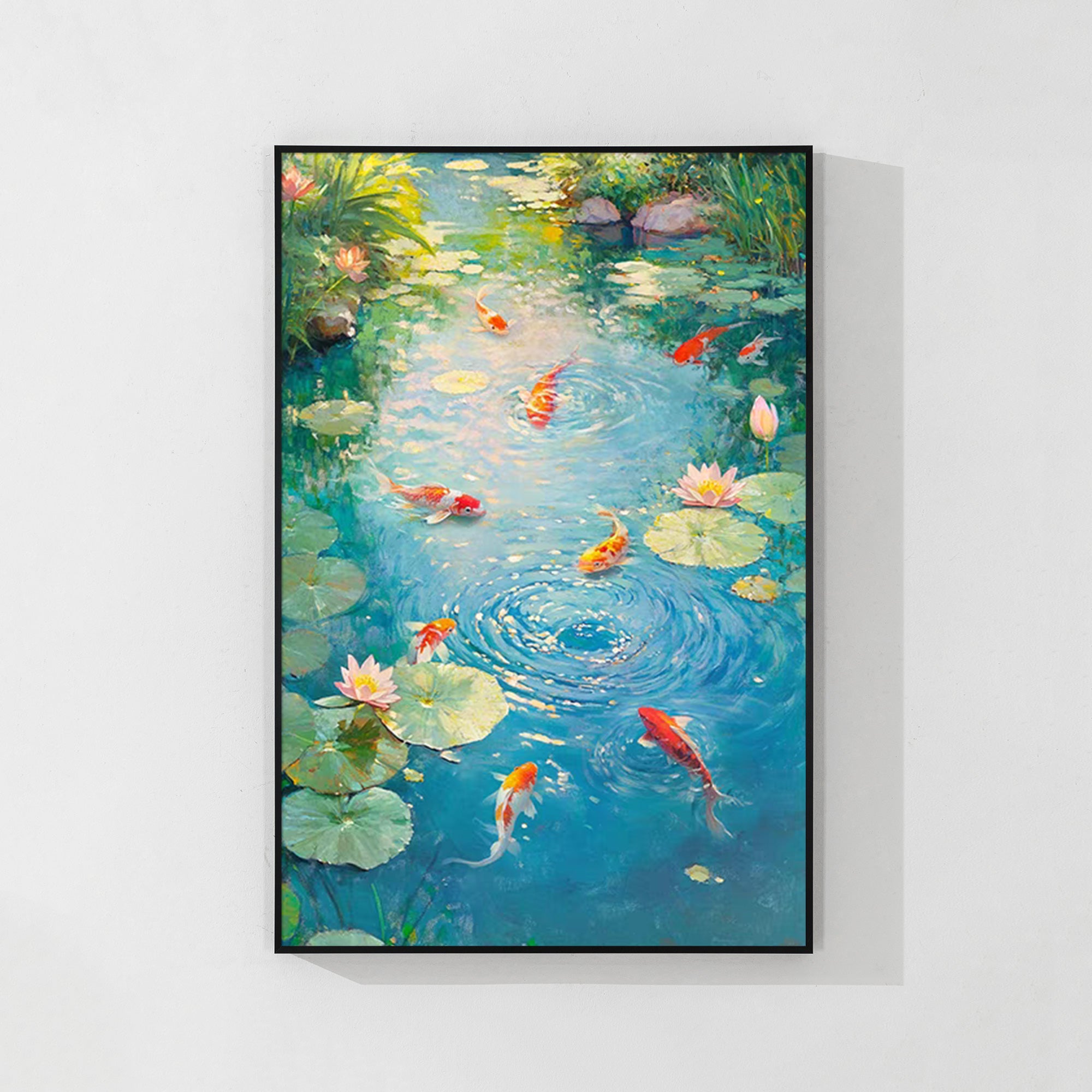 Handmade 9 Koi Fish and Lotus Painting with intricate details and vibrant colors, perfect for bringing prosperity and elegance to any space.