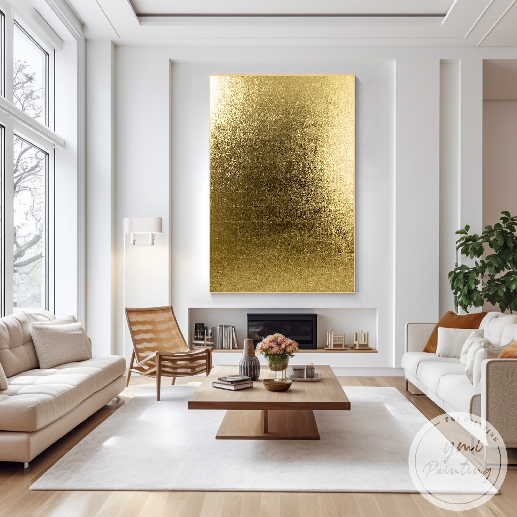Minimalist vertical framed artwork with metallic gold texture