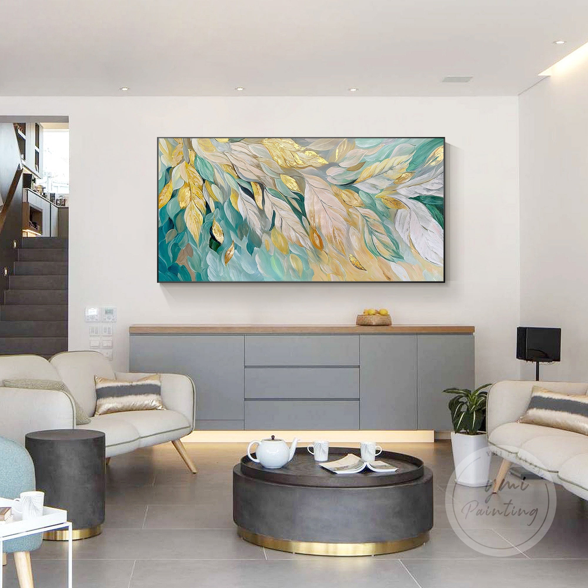 Arte de pared abstracto en azul y dorado con árbol floreciente