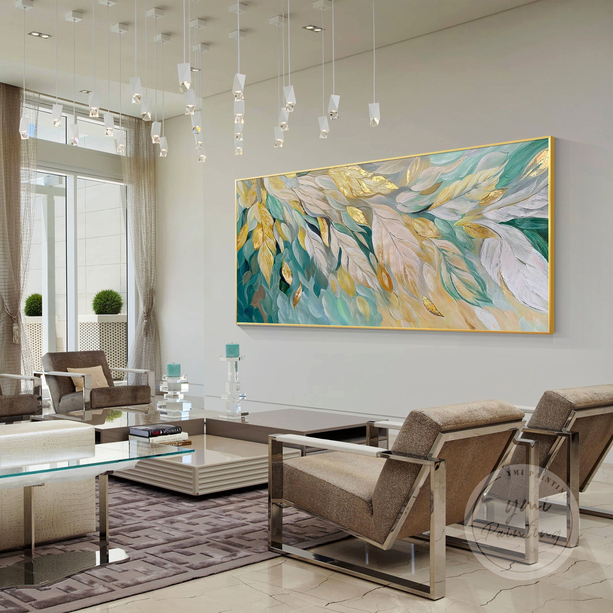 Arte de pared abstracto en azul y dorado con árbol floreciente