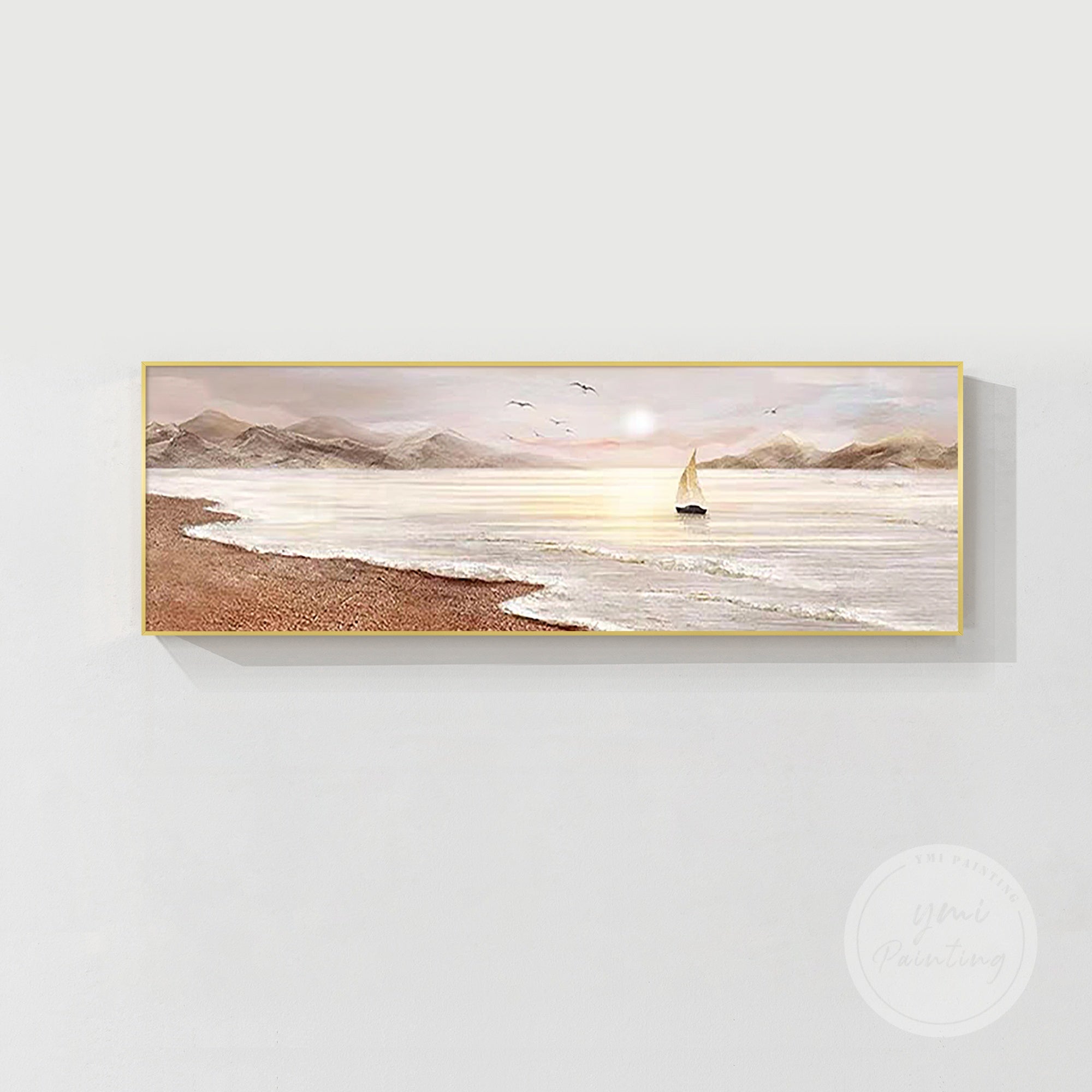 Oversized 3D coastal wall art with golden light and soft waves, refined gift for executives or colleagues, great for office lobbies.