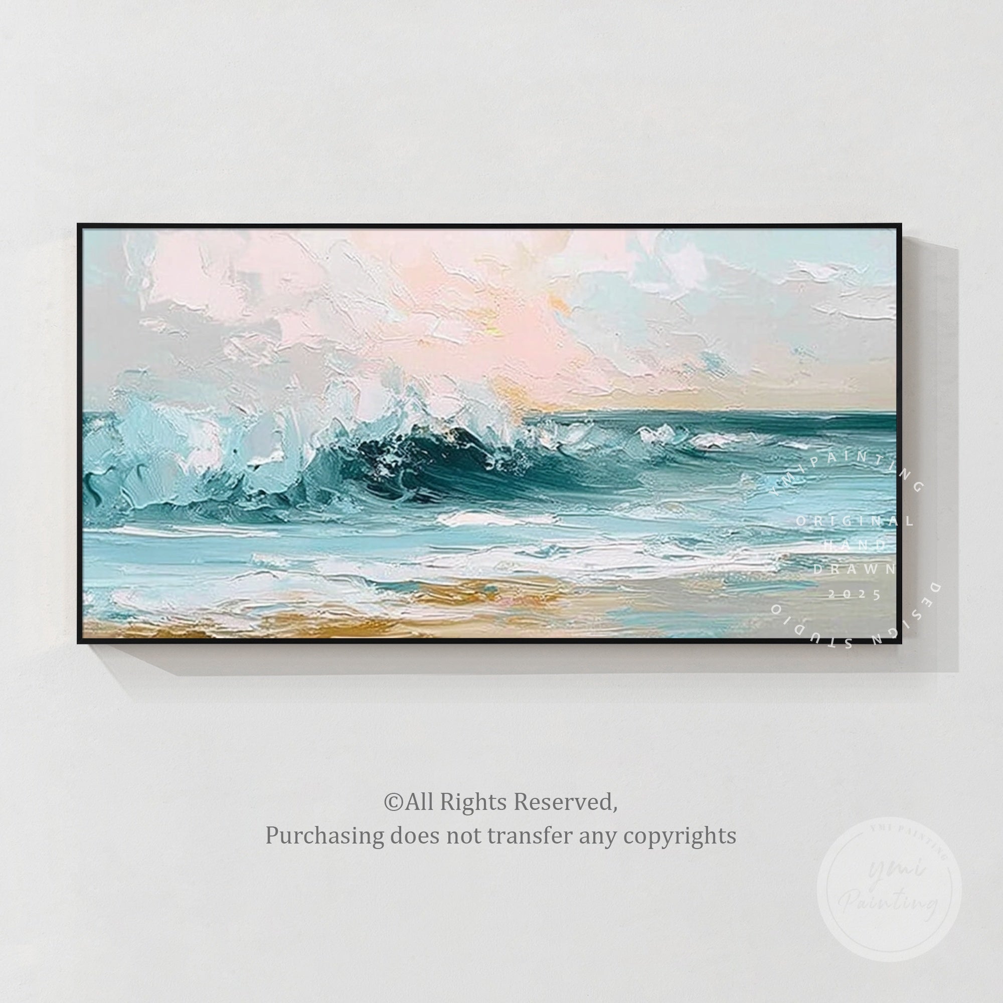 Textured large wave painting that creates a dynamic and calming atmosphere.