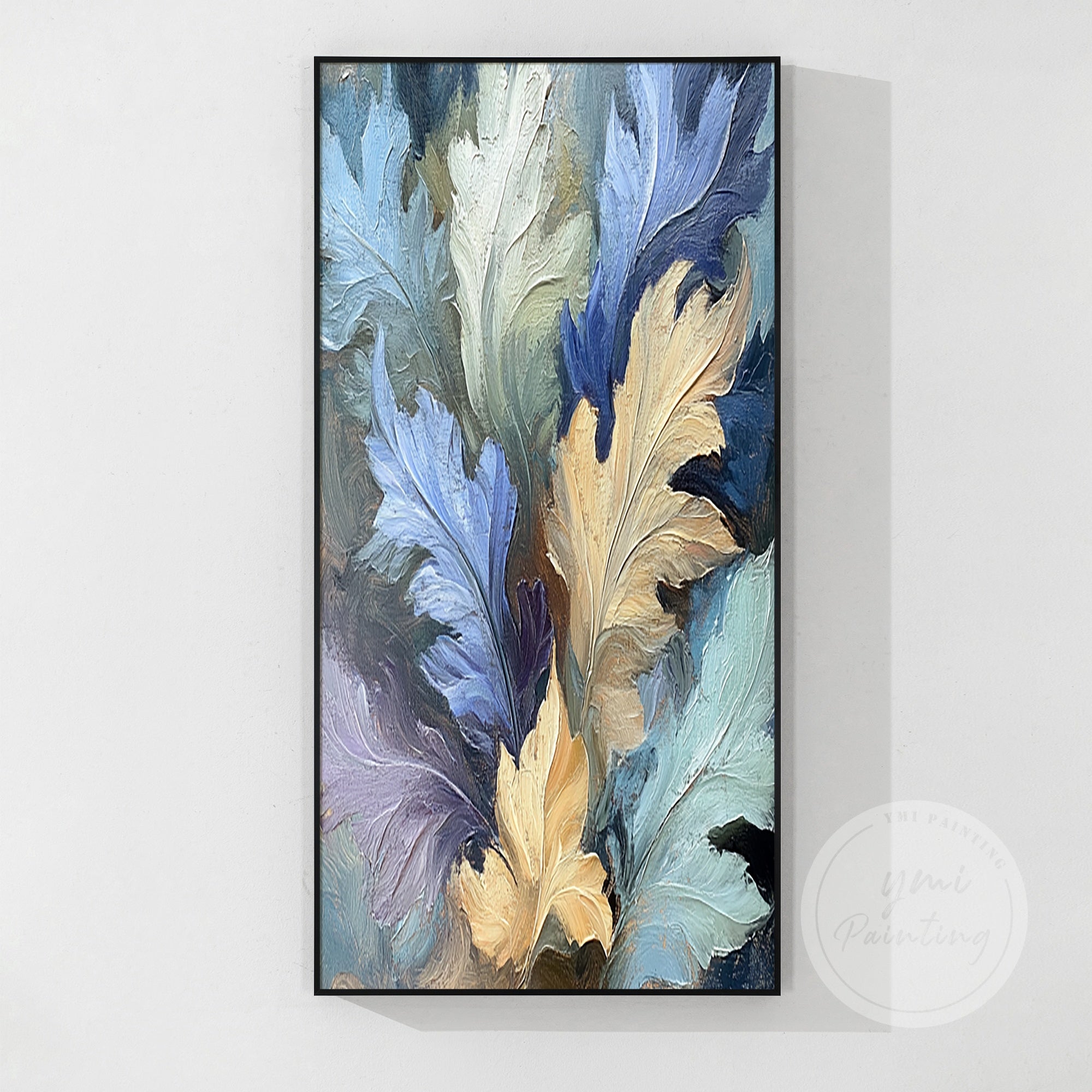 Fall-themed canvas art with overlapping oak leaves in rich autumnal tones and textured brushwork in a black frame