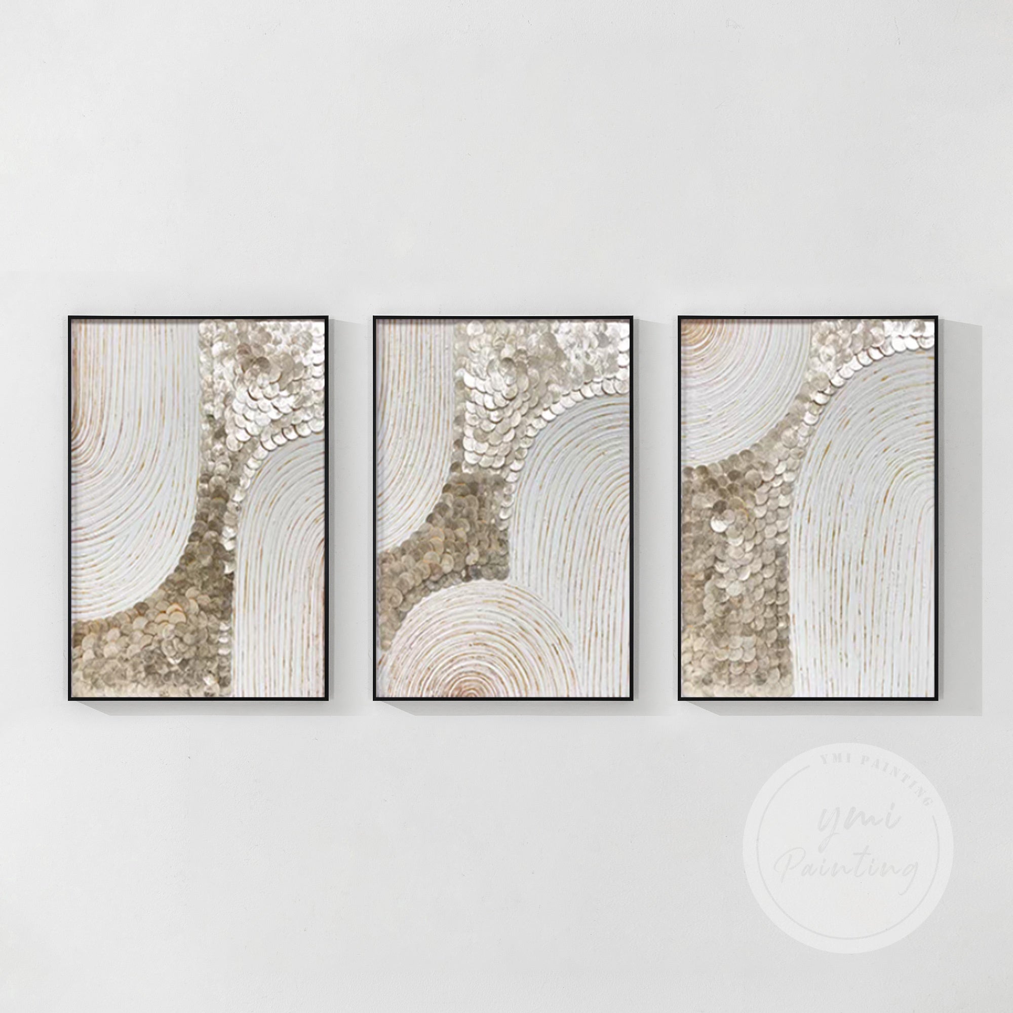 Large, elegant flower shell artwork ideal for upscale spaces like offices and lobbies, crafted as a triptych to enhance any environment.