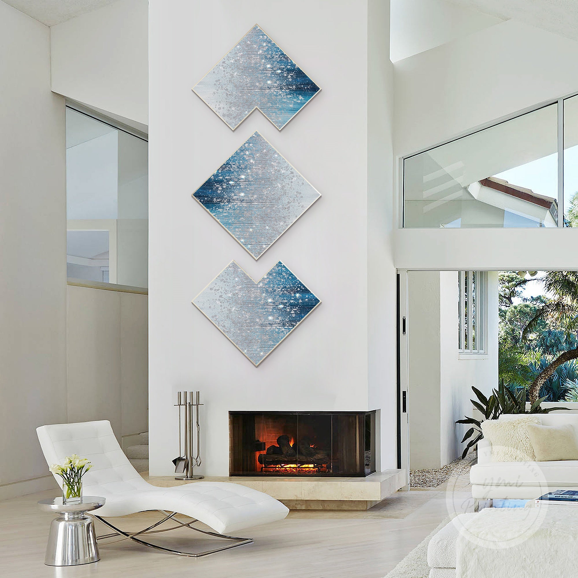 Abstract three-piece navy glitter art framed set, featuring layered textures and shimmering silver elements.