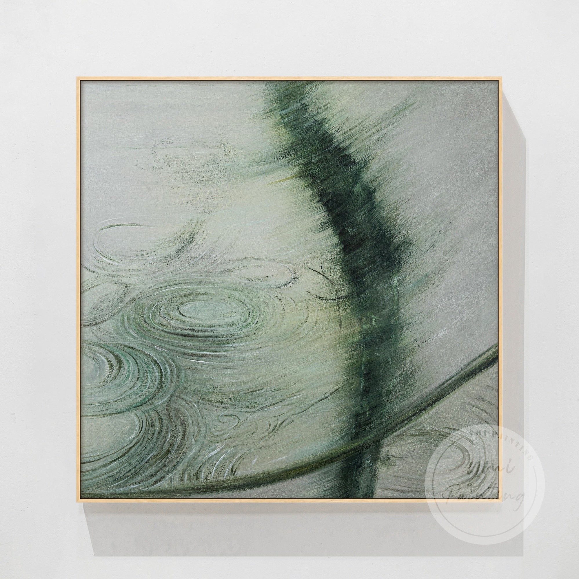 reen and white abstract painting with flowing brushstrokes, evoking a peaceful natural scene in wooden color frame
