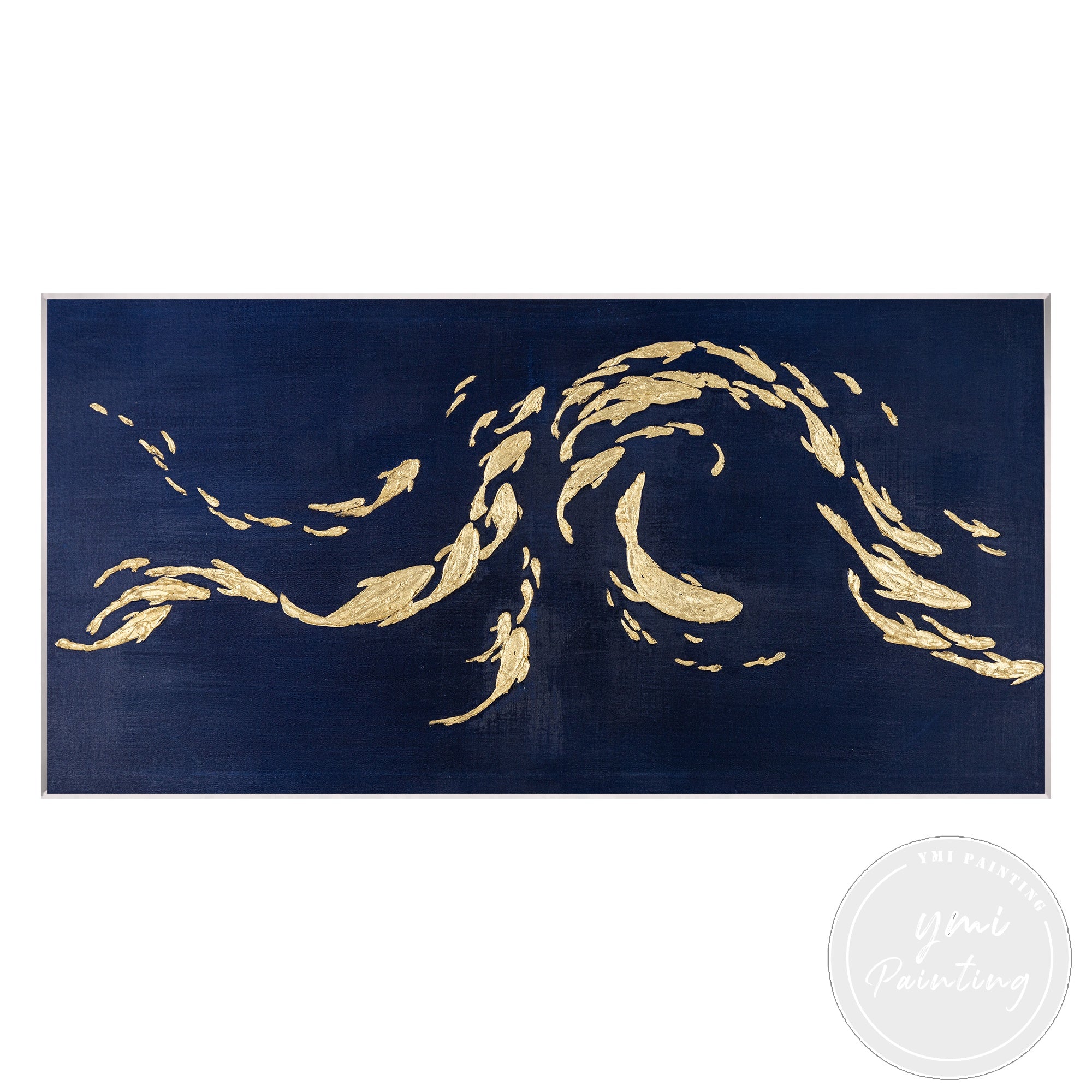 Abstract ocean fish painting with deep blue and gold tones