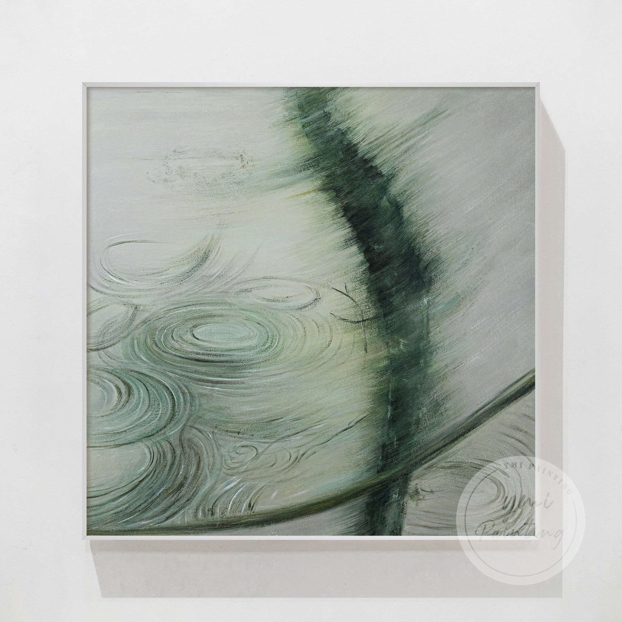Abstract water-inspired painting with gentle ripples and organic brushstrokes in calm green in silver frame