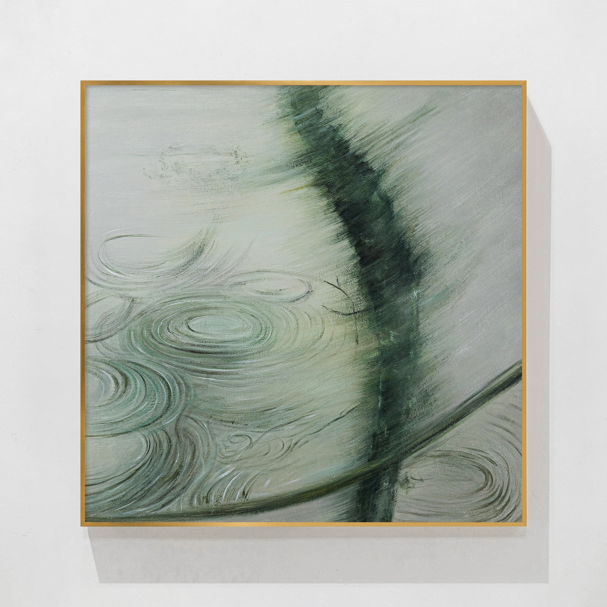 Abstract water reflection canvas art in soft greens and whites, evoking calm ripples on a peaceful surface