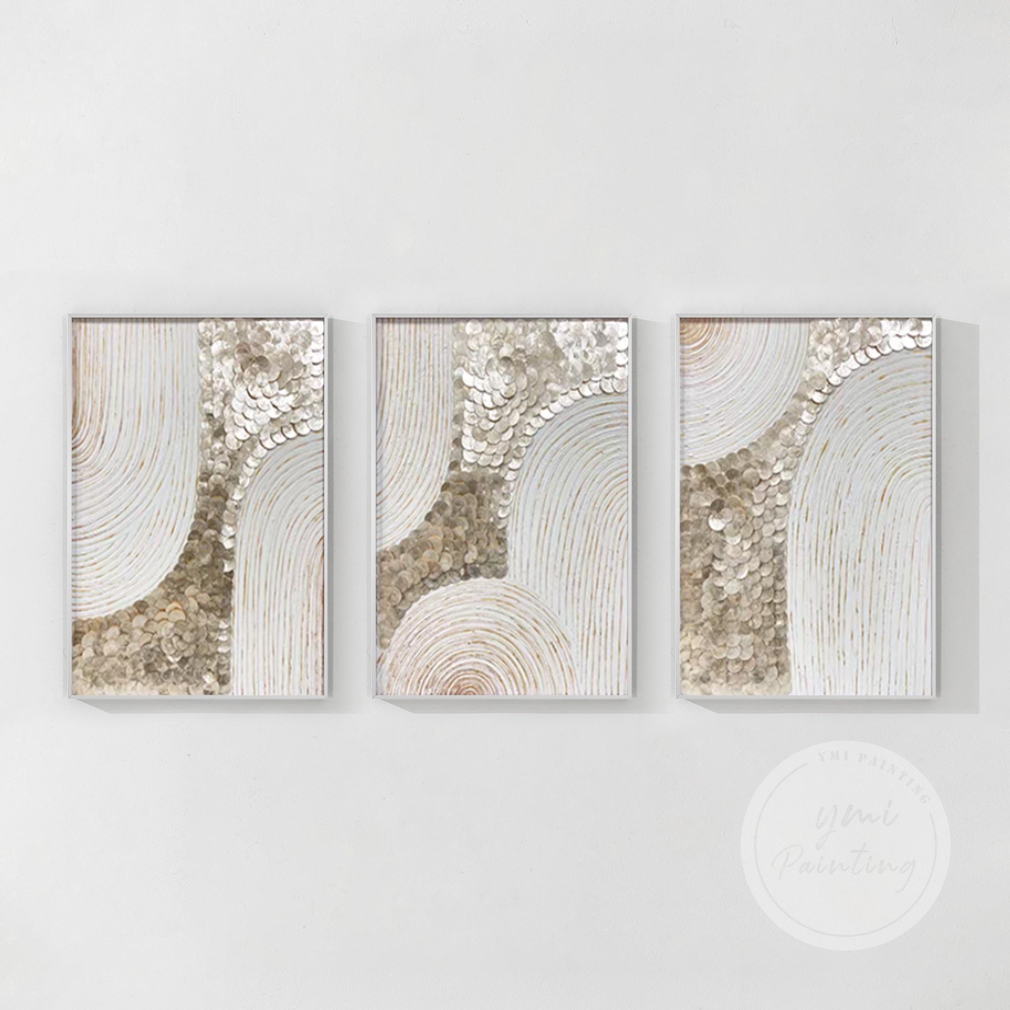 Unique flower seashell art shadowbox, designed to bring beauty and tranquility to your space, displayed as a captivating triptych.