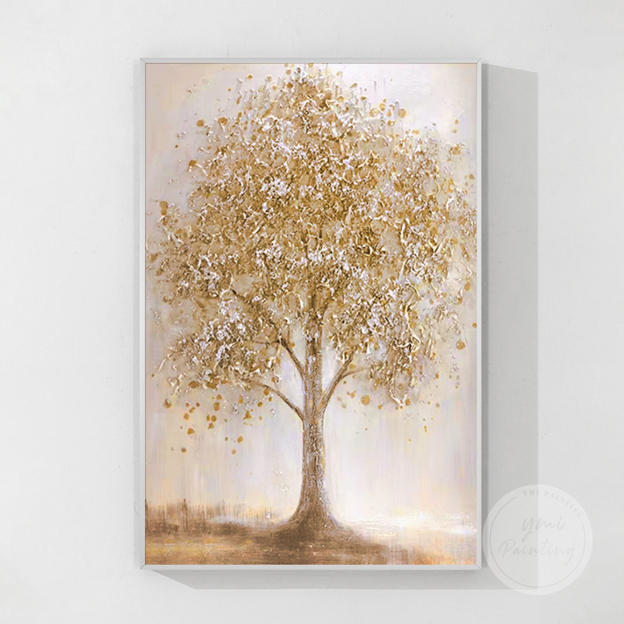 Warm caramel-toned tree wall art with serene natural scenery.