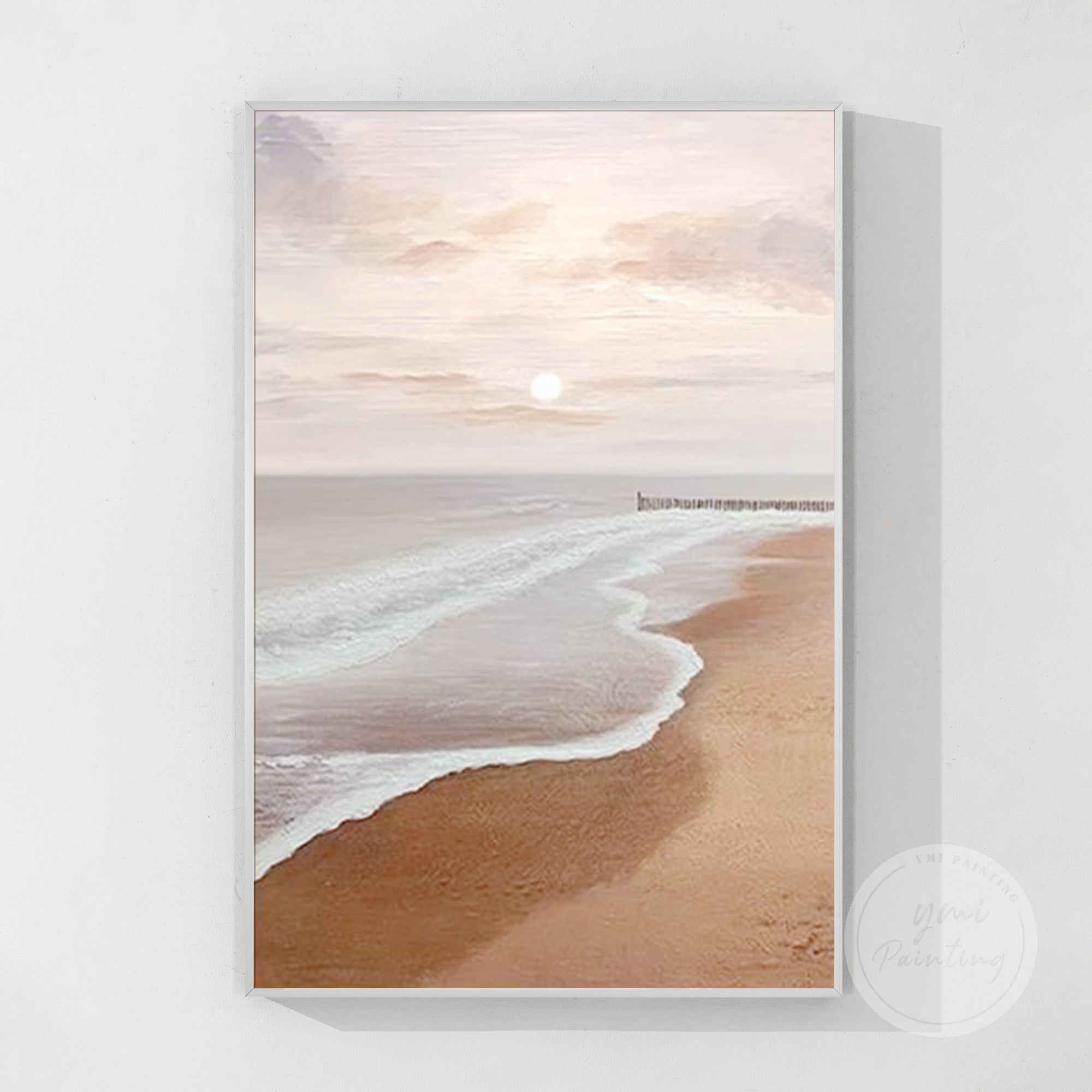 Large-scale coastal wall decor capturing the beauty of early morning ocean waves in soft peach and beige hues.