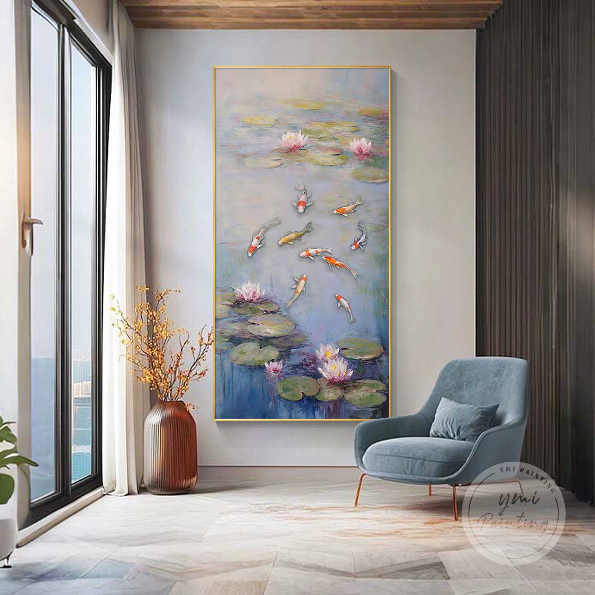 Large lotus and 9 koi fish oil painting with vibrant colors, perfect feng shui wall decor for a serene and harmonious space.