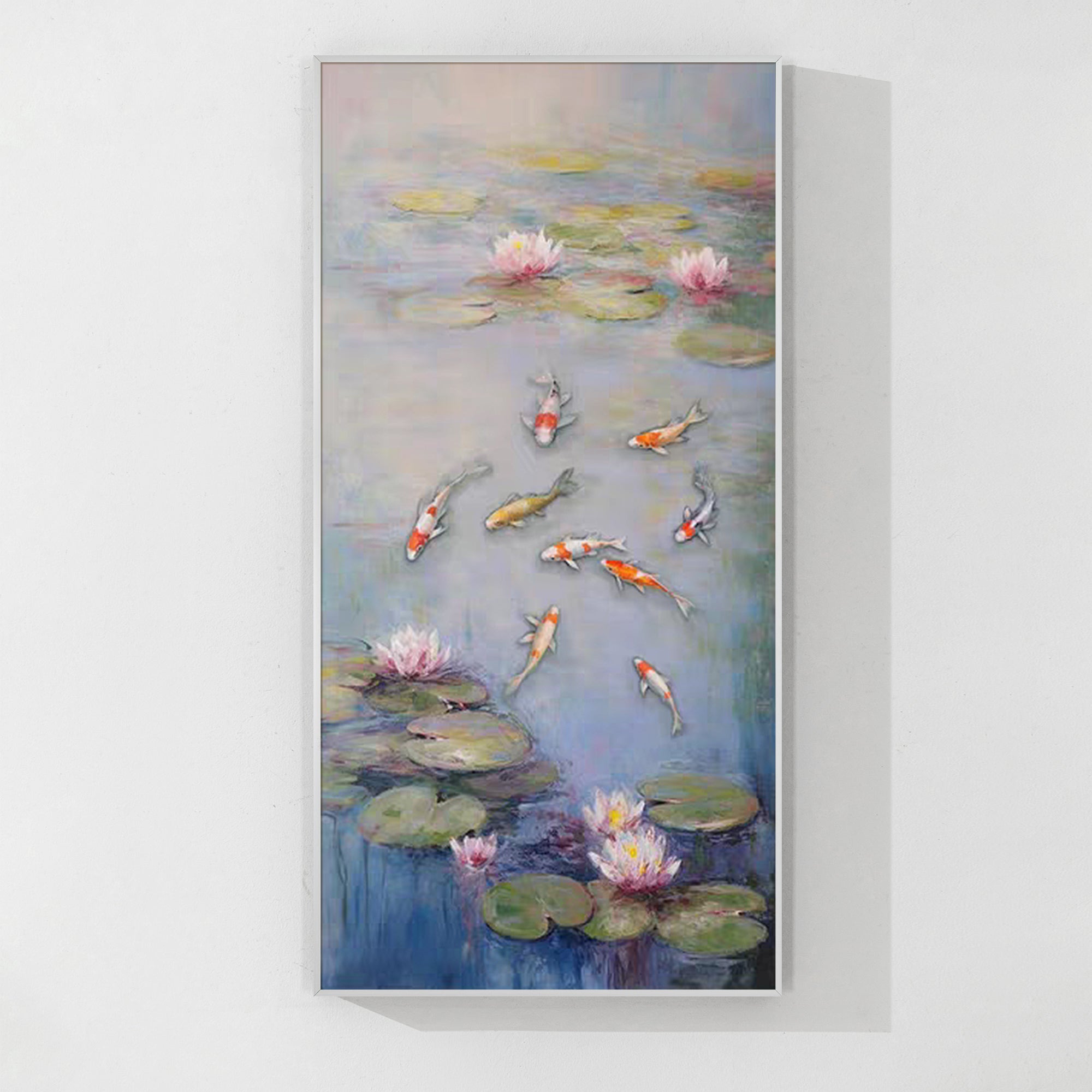 9 koi fish and lotus oil painting, a perfect feng shui piece that promotes peace and prosperity, great for modern home decor.